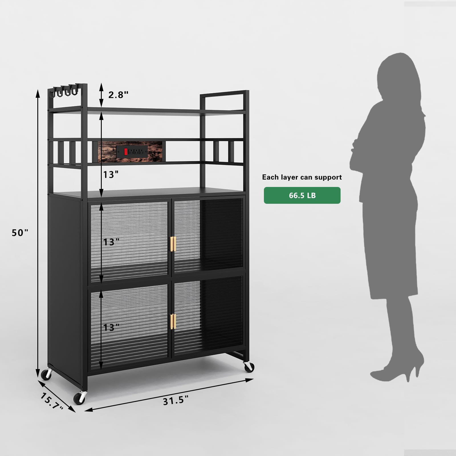 4-Tier Heavy Duty Bakers Rack with Power Outlet & Wheels - Microwave Stand, Coffee Station, Spice Organizer - Kitchen Storage Shelf for Pots, Pans & Baking Supplies - Perfect for Small Kitchens, Bakeries & Coffee Shops (Black)
