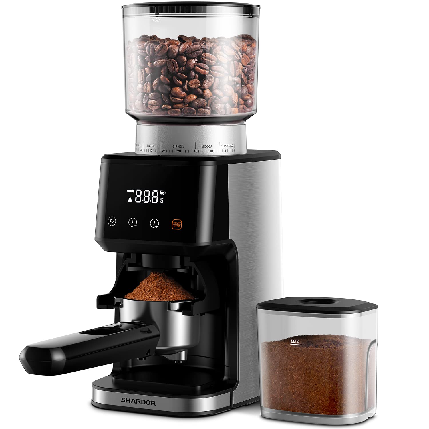 SHARDOR Electric Conical Burr Coffee Grinder for Espresso - Precision Timer 2.0, 51 Adjustable Settings, Anti-Static Stainless Steel Burr Mill with Touchscreen - Perfect for Home Baristas & Coffee Enthusiasts | Great for French Press, Pour Over, Cold Brew & Espresso Making