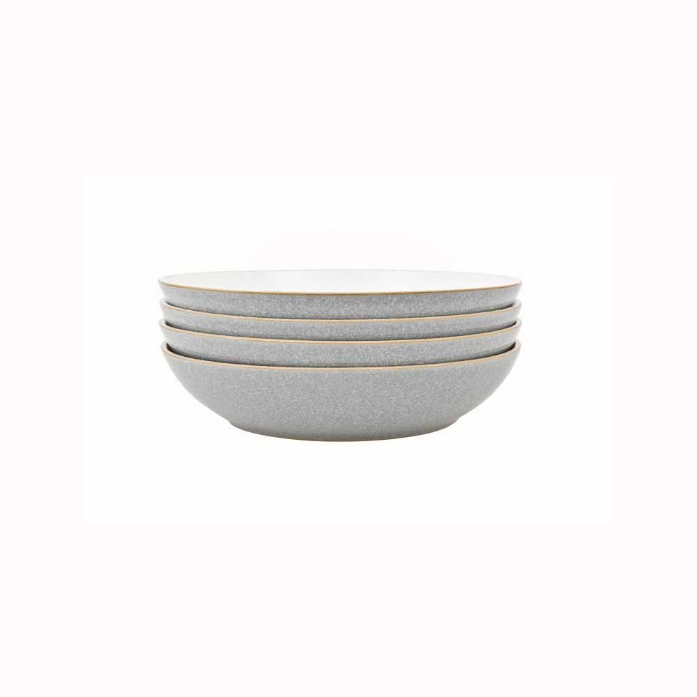 Denby Elements Light Grey Pasta Bowls Set of 4 - 22cm Microwave & Dishwasher Safe Ceramic Stoneware - 1050ml Chip Resistant Dinnerware for Pasta, Salad, Soup - Elegant Pale Grey & White Tableware for Restaurants & Home Dining