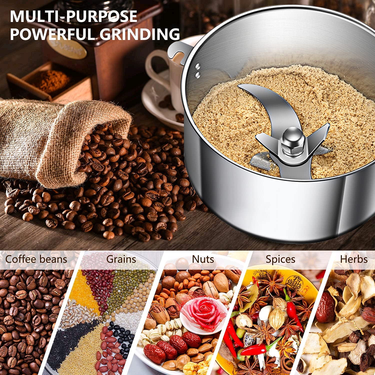 750g High-Speed Electric Grain Mill Grinder - Stainless Steel Flour Pulverizer for Cereals, Corn, Coffee, Rice & Spices | Perfect for Home Baking, Coffee Grinding & Herbal Powder Preparation