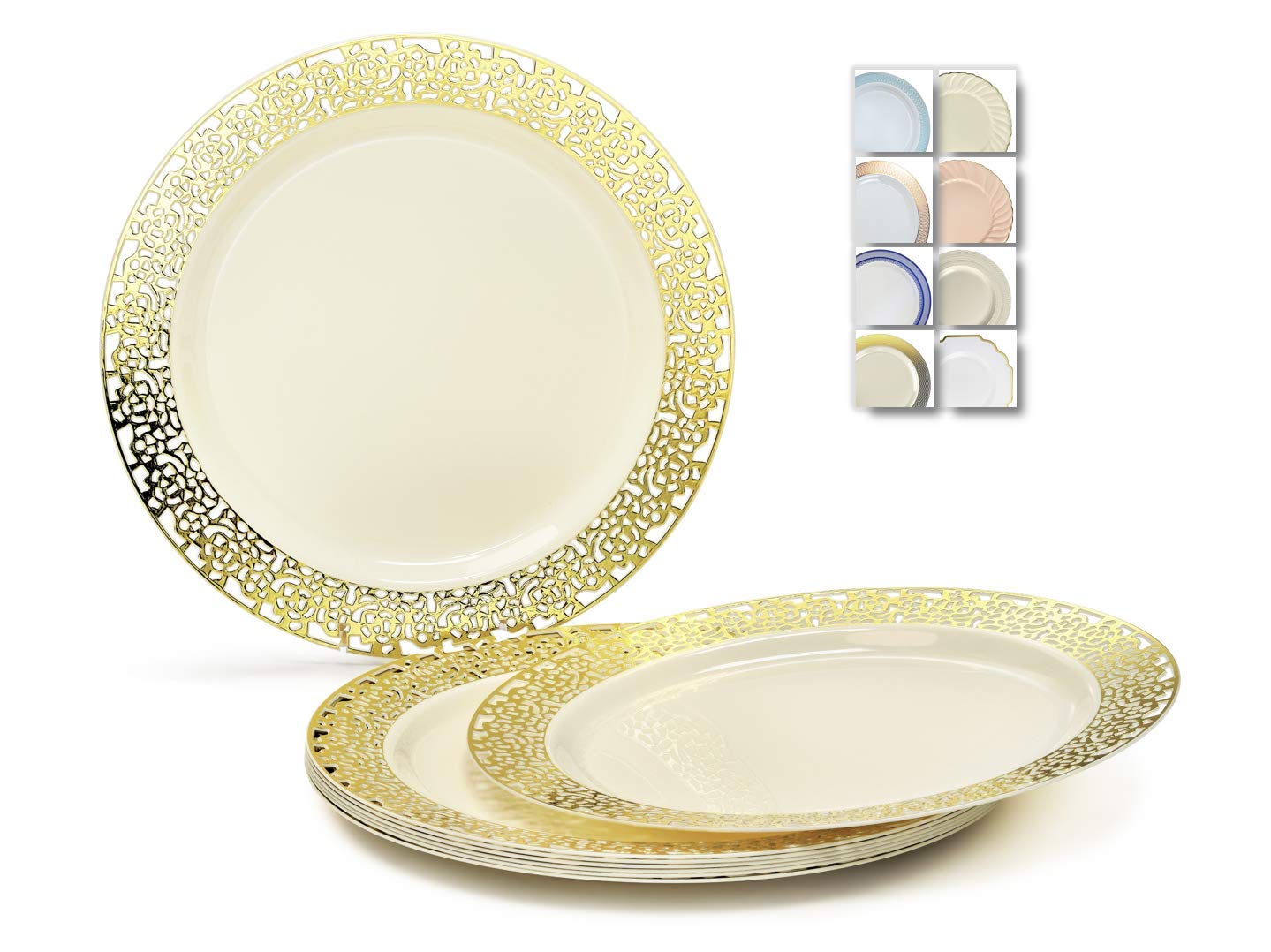 60 Heavyweight Disposable Plastic Plates for Weddings & Parties - 10.25'' Elegant Dinner Plates in Florence Ivory & Gold - Perfect for Wedding Receptions, Birthday Parties, and Special Events