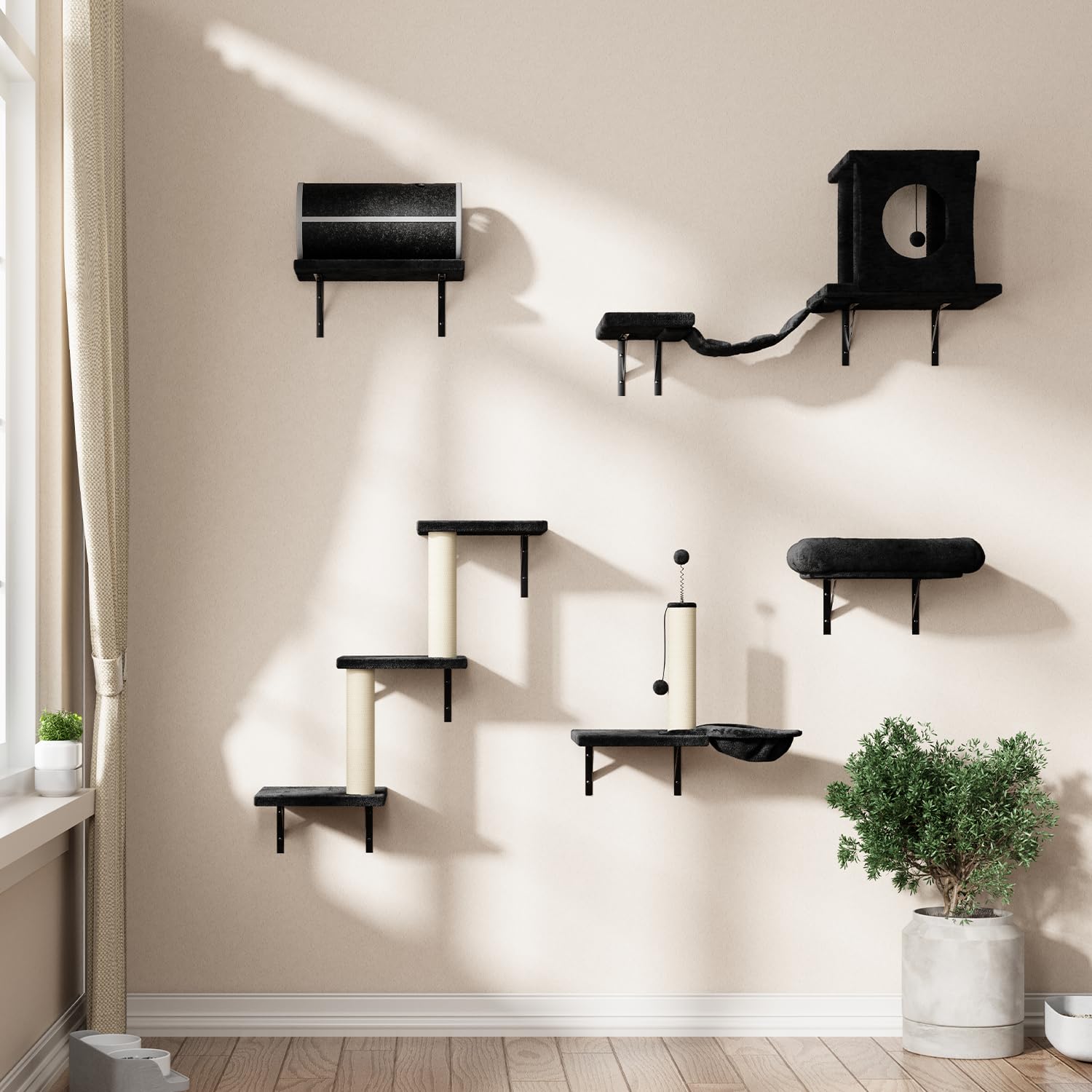 NUNU LAB 7-in-1 Wall Mounted Cat Climbing Set with Cat House, Tunnel, Bridge, Tree, Steps, Scratcher & Hammock - Luxury Indoor Cat Wall Furniture for Play, Rest & Exercise (Black) - Perfect for Small Spaces & Multi-Cat Homes