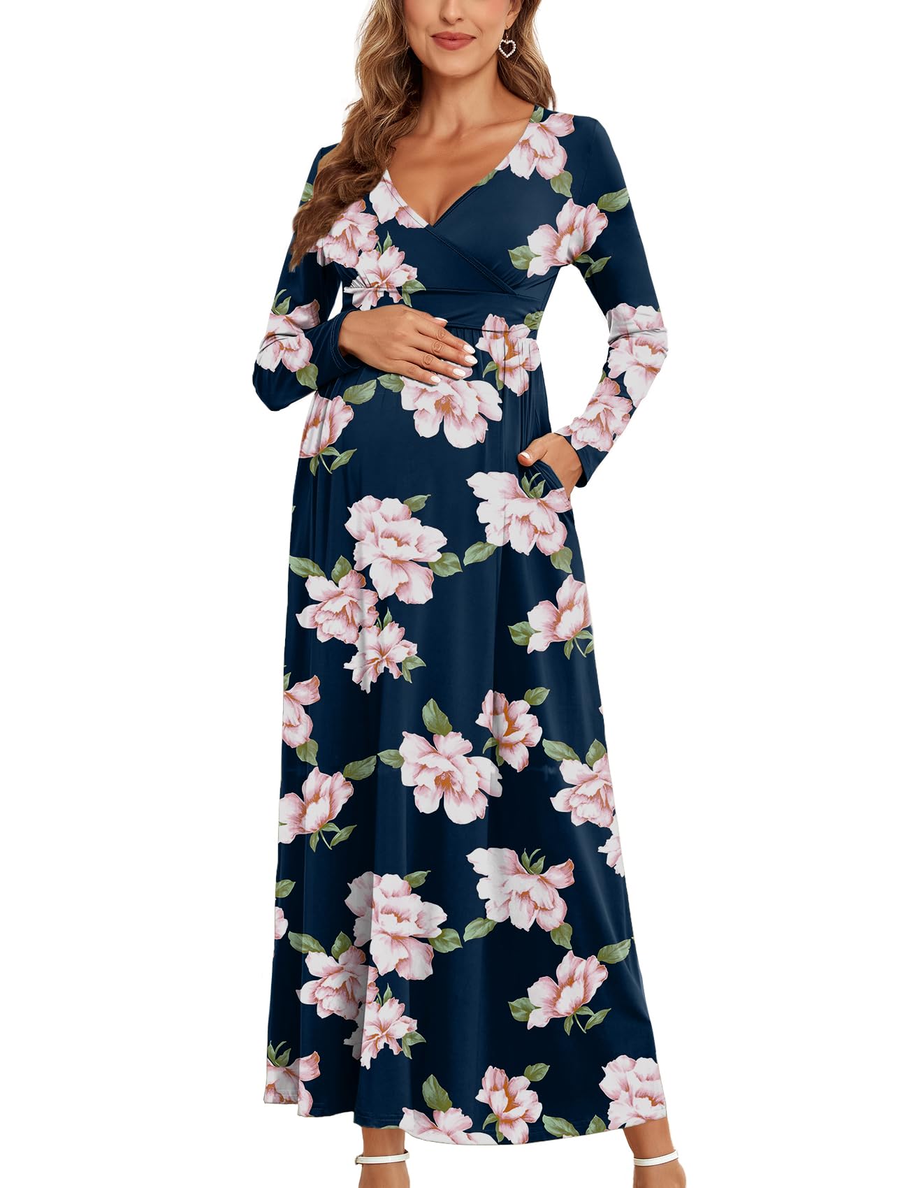 2025 Women's Maternity Maxi Dress - Long Sleeve Wrap V-Neck Pregnancy Dress with Pockets for Baby Shower, Photoshoot & Formal Occasions | Comfortable & Stylish Maternity Wear for Expecting Moms