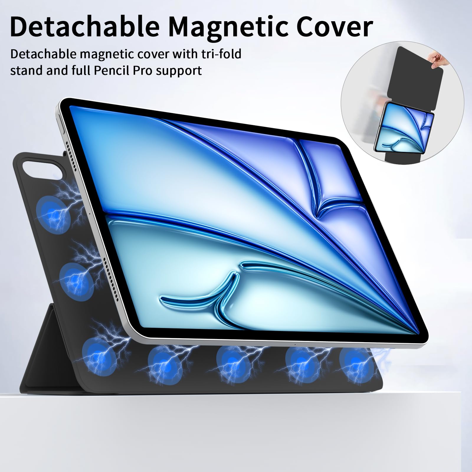 Aoub Magnetic Case for iPad Air 11 inch M3/M2 (2025/2024), iPad Air 5th/4th Gen (2022/2020), iPad Pro 11 (2018) - Slim Tri-fold Stand Cover with Magnetic Attachment, Compatible with Apple Pencil Pro & USB-C - Perfect for Work, Travel & Home Use - Black