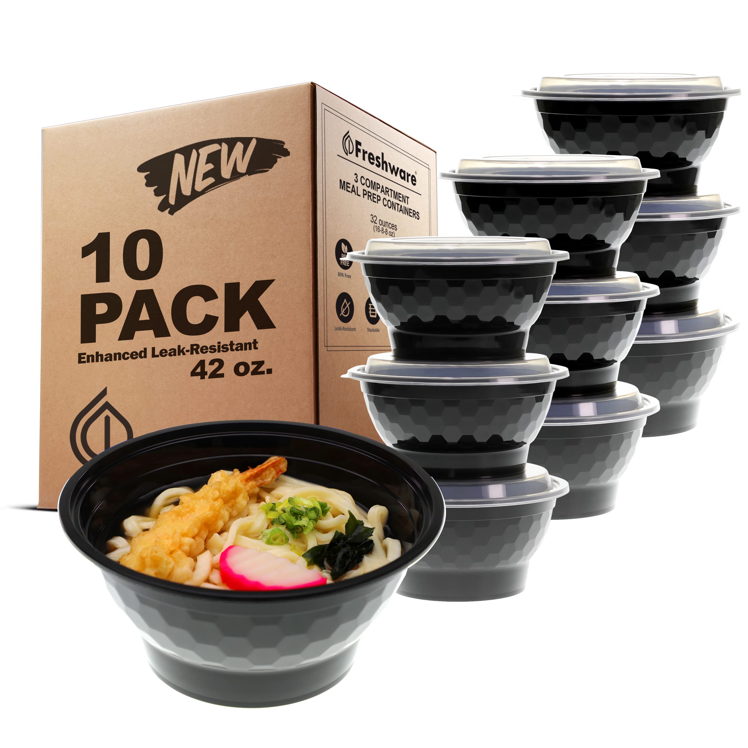Freshware 10-Pack BPA-Free Meal Prep Containers | 42 oz Stackable Bento Box & Food Storage Bowls with Lids | Microwave, Dishwasher & Freezer Safe | Perfect for Office Lunch, Meal Prepping, Picnics & Leftovers