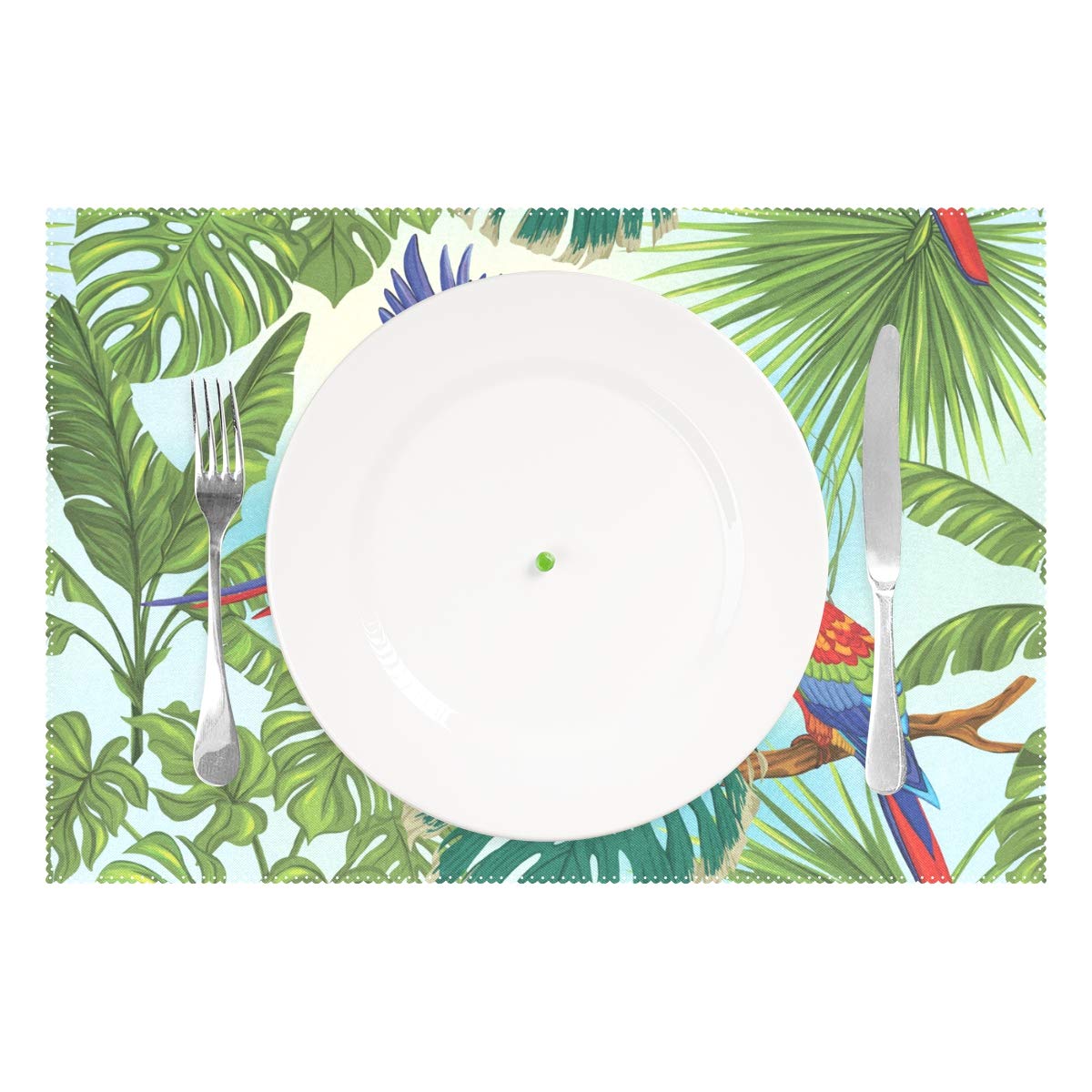 MOYYO Tropical Plants Parrot Placemats - Set of 4 Heat-Resistant Non-Slip Polyester Table Mats, Washable & Easy Clean for Kitchen Dining Decor | Perfect for Bird Lovers, Tropical Theme Parties & Everyday Meals