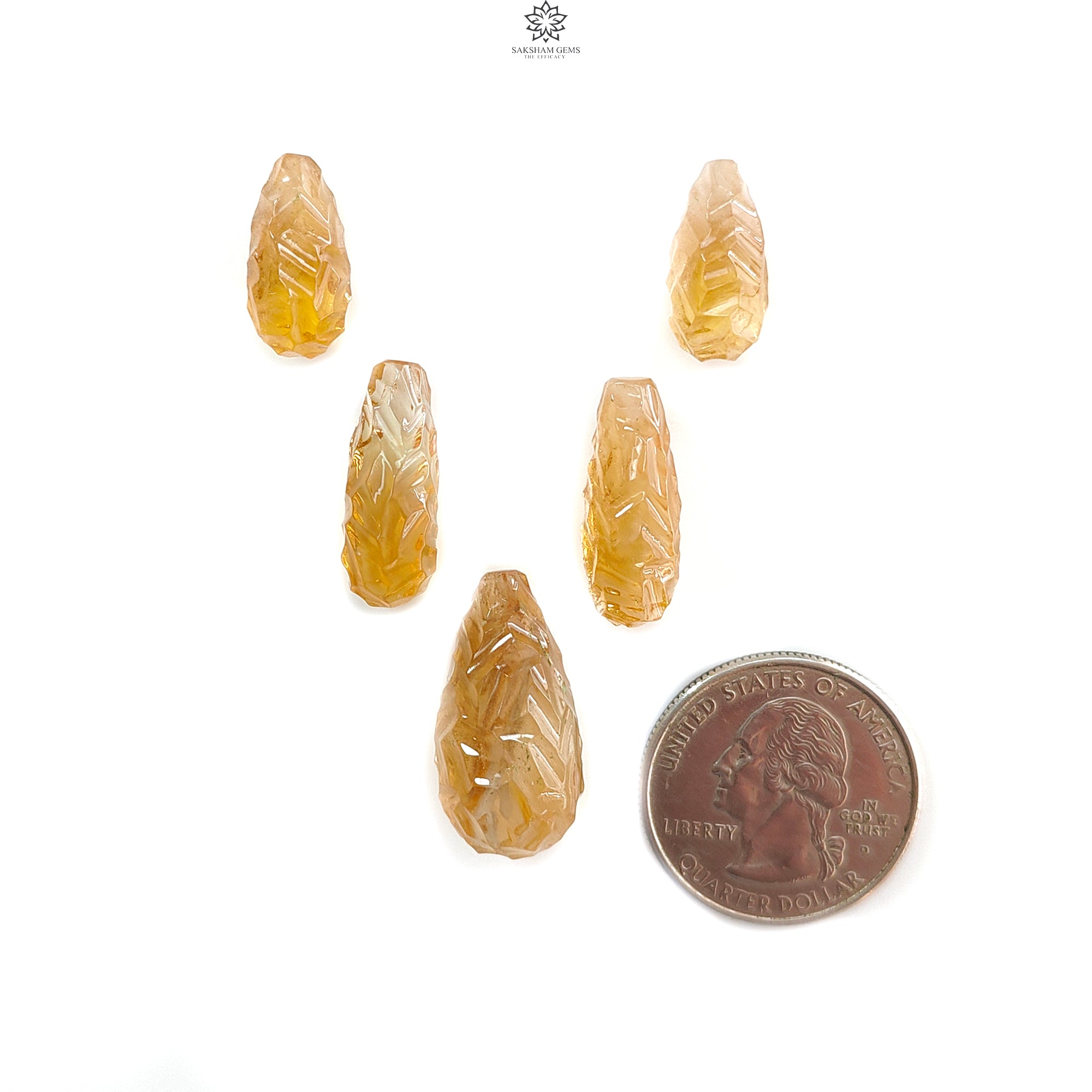 Natural Untreated Yellow Citrine Gemstone - 53.20cts Hand Carved Teardrop Shape (16mm-24mm, 5pcs Set) - November Birthstone for Jewelry Making, Healing Crystals & Spiritual Gifts