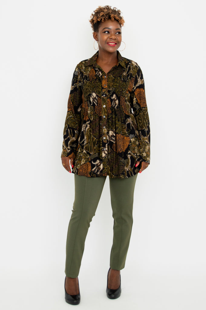 Elegant Long Sleeve Blouse with Elephant Print - Women's Fashion Top for Casual Wear, Office & Date Night