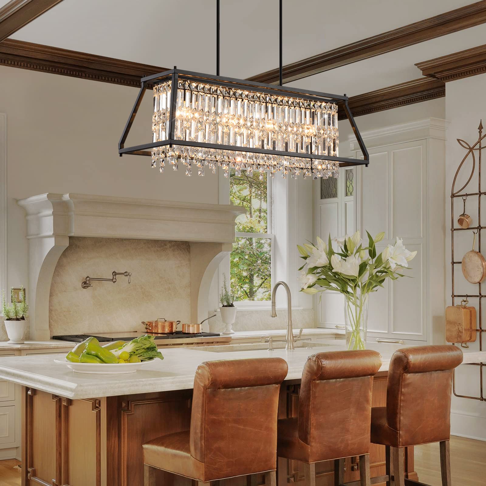 LMQNINE 4-Light Industrial Farmhouse Chandelier - 35.43 Inch Black Trapezoidal Crystal Pendant Light Fixture for Dining Room, Kitchen Island & Living Room | Rustic Elegance for Home Decor & Dinner Parties