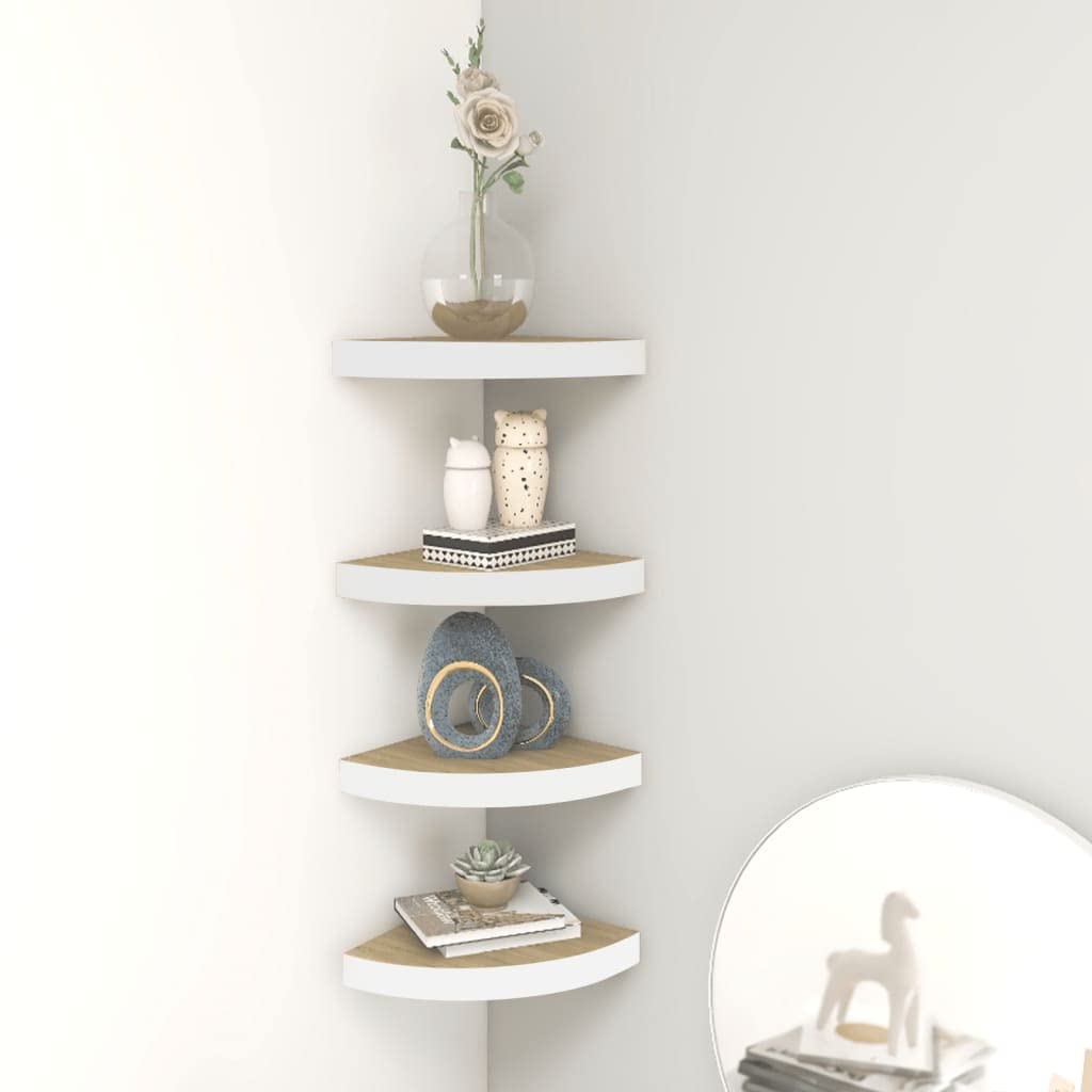 4-Pack Wall Corner Shelves - Floating Oak & White MDF Display Shelves (13.7