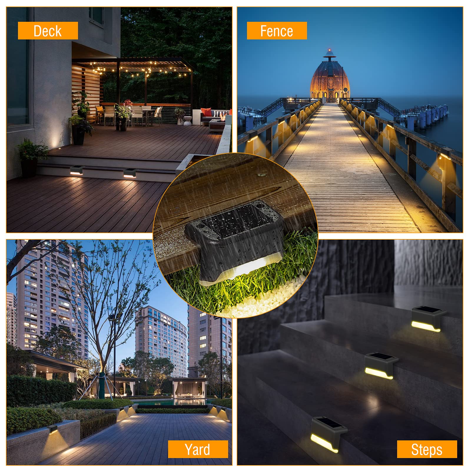 **4 Pack Solar Deck Lights Outdoor - IP65 Waterproof LED Solar Step Lights for Stairs, Fence, Railing, Yard, Patio & Pathway - Warm White - Perfect for Nighttime Safety & Ambiance**
