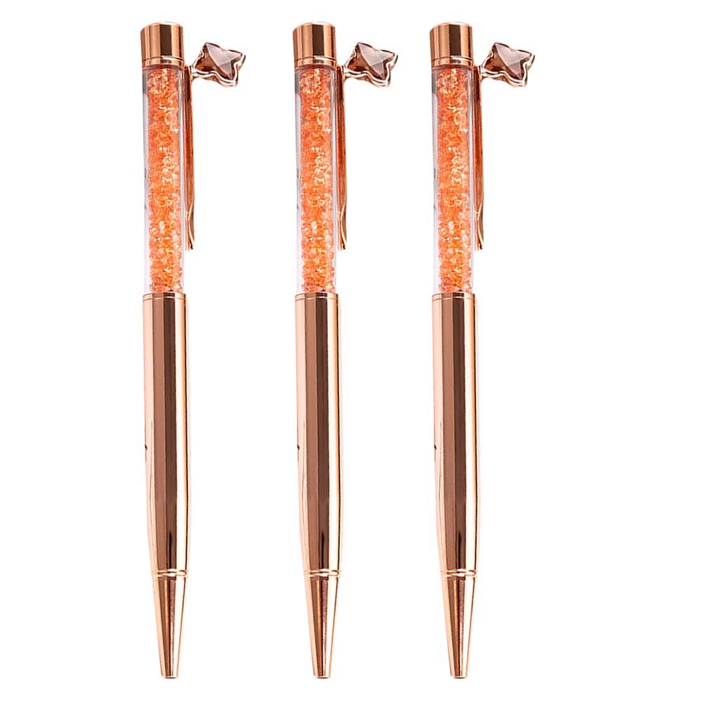 3-Pack Aisi Rose Gold Metal Ballpoint Pens with Crystal Diamonds - Slim, Retractable, Elegant Writing for Office, School & Gift Giving