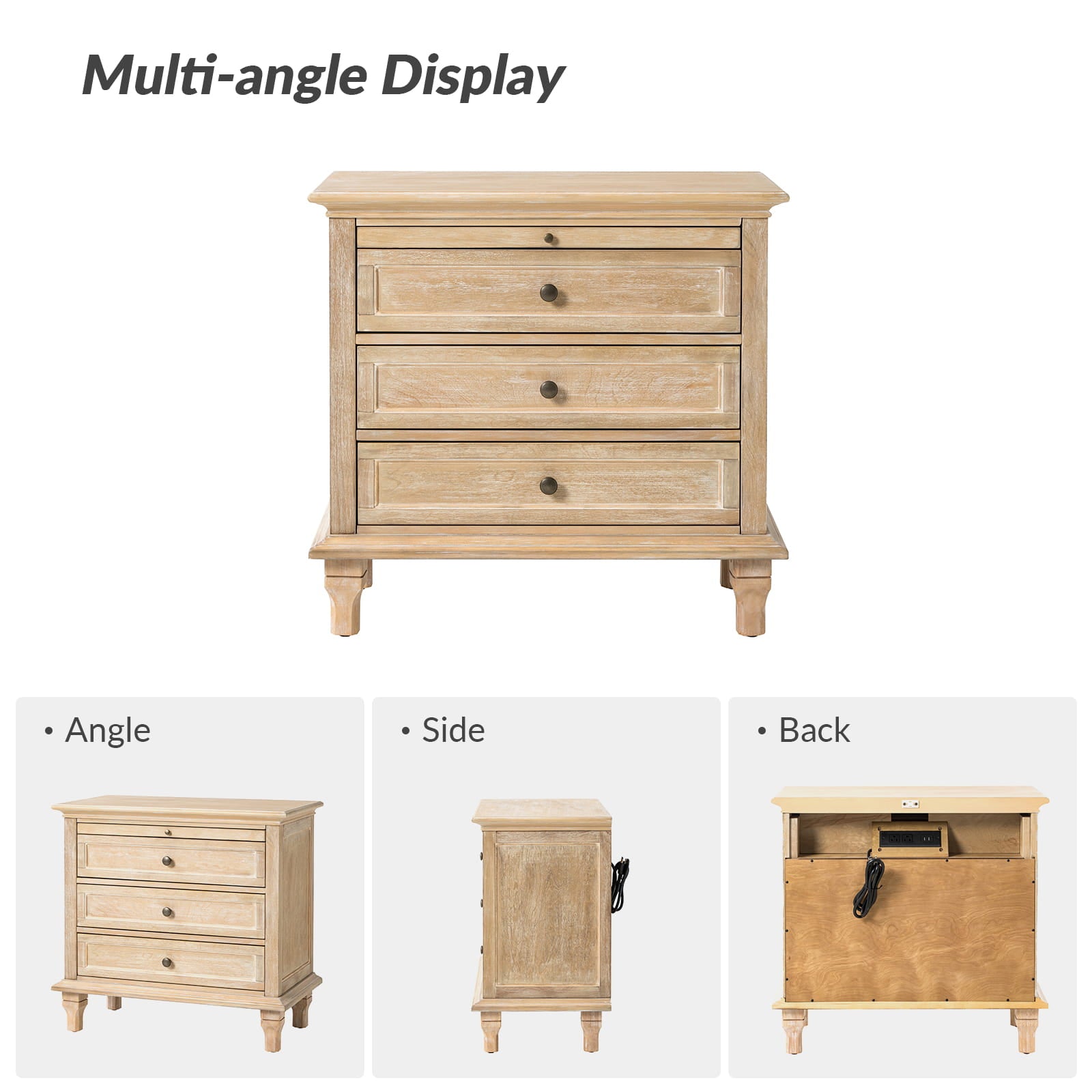 Galatea 3-Drawer Nightstand with USB Charging Ports & Power Outlets - Modern Bedside Table with Storage for Bedroom, Living Room or Office