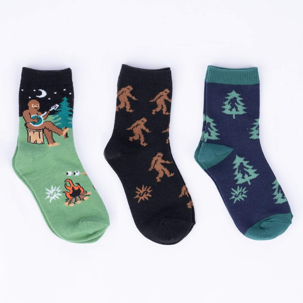 Fun Sasquatch Campout Crew Socks 3-Pack for Kids - Cozy & Durable Hiking Socks for Outdoor Adventures & Sleepovers