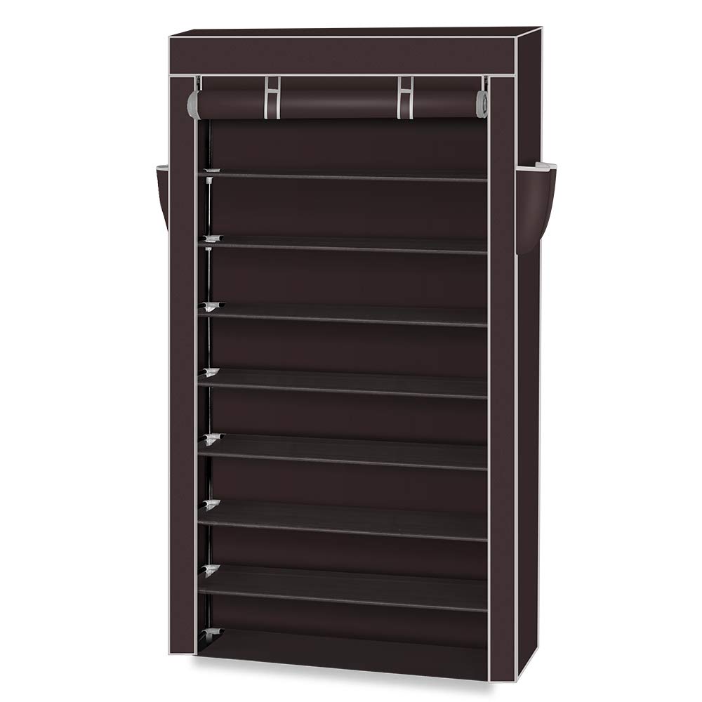 10-Tier Non-Woven Fabric Shoe Rack with Dustproof Cover - Large Shoe Storage Organizer with 2 Side Pockets for Closet, Bedroom, Garage - Space Saving Dark Brown Shoe Shelf for Sneakers, Boots & Heels