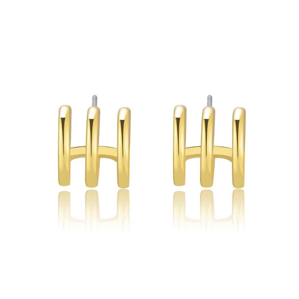 14K Gold Plated Triple Huggie Illusion Stud Earrings for Women - Double Hoop Earrings for Single Piercing | Elegant Drop Earrings for Daily Wear, Parties & Special Occasions