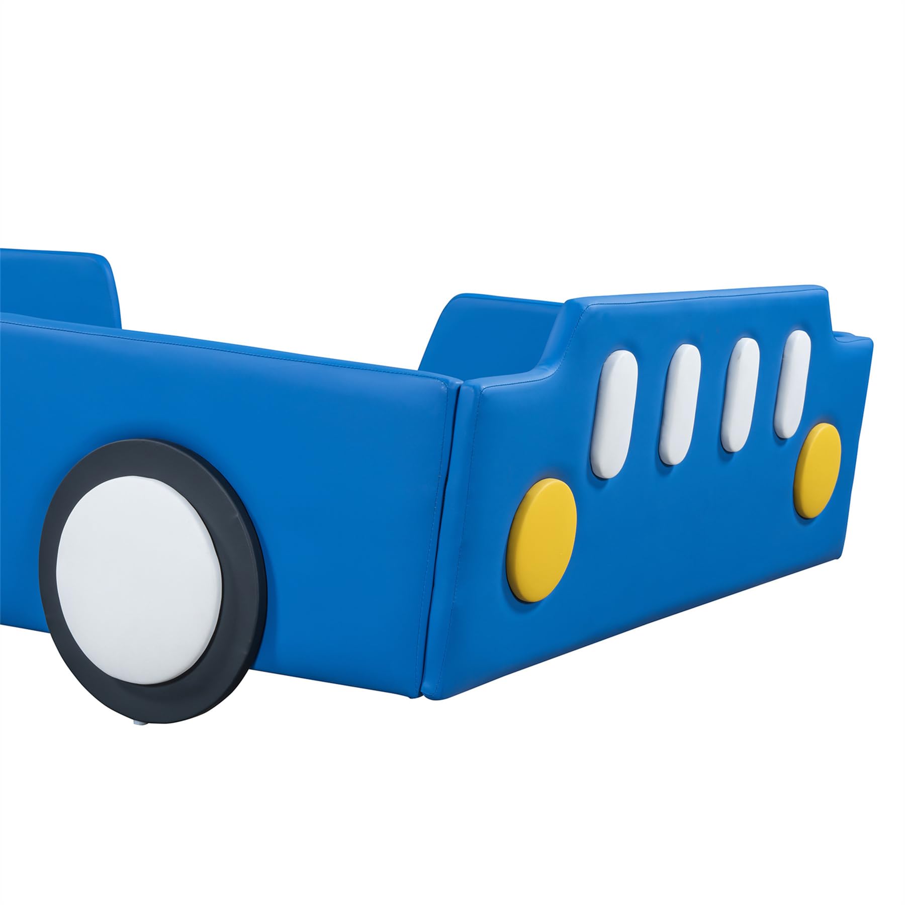 Merax Twin Size Race Car Platform Bed with Wheels - PU Leather Kids Bed Frame for Boys, Twin Size Car Bed with Headboard - Fits Standard Twin Mattress (Mattress Not Included) - Perfect for Kids' Bedroom, Playroom & Themed Decor