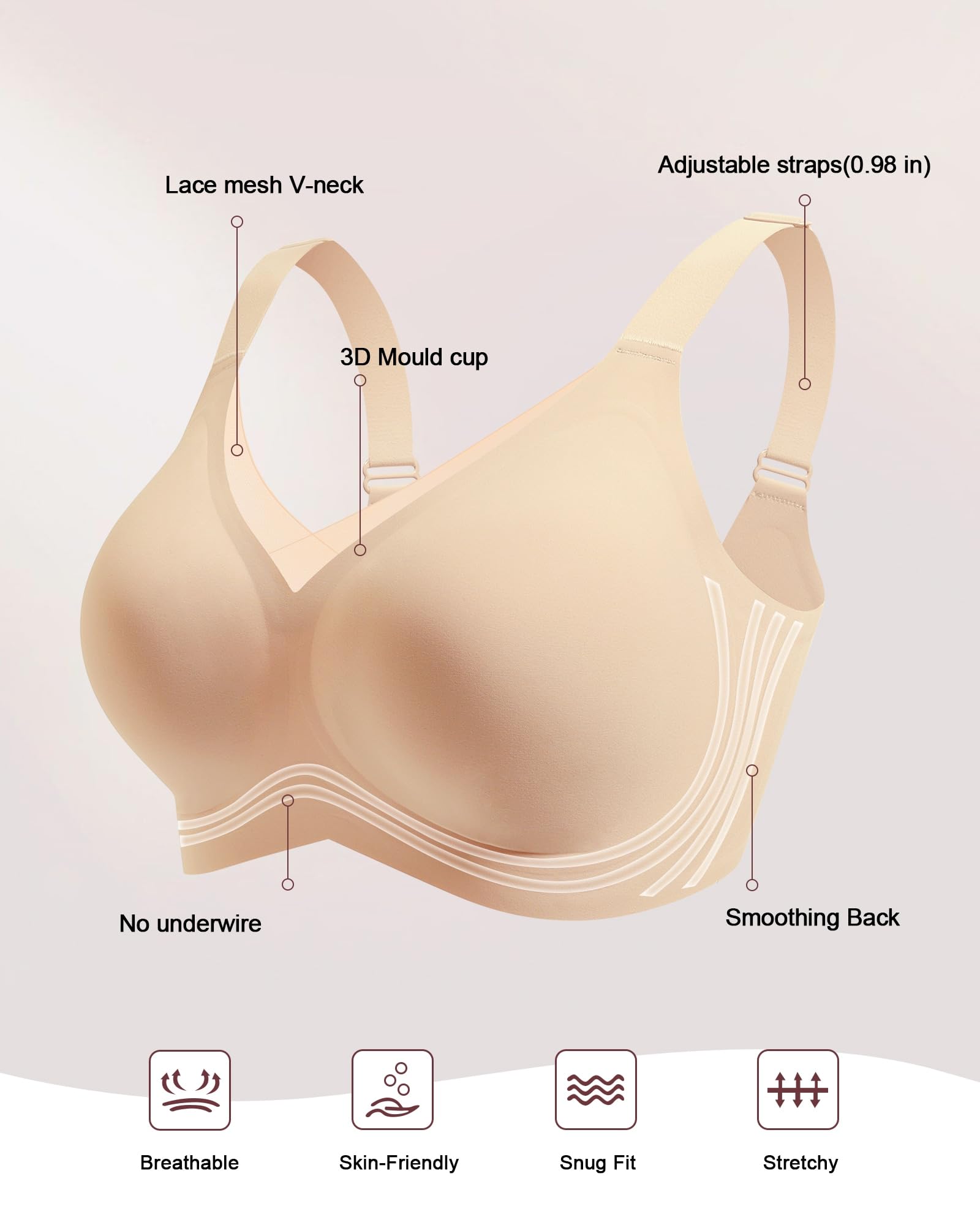 HORISUN Seamless Mesh Lace Bras for Women - Wireless No Underwire Support Bras with Lift, Full Coverage Deep V Bralette - Perfect for Yoga, Workout & Everyday Wear