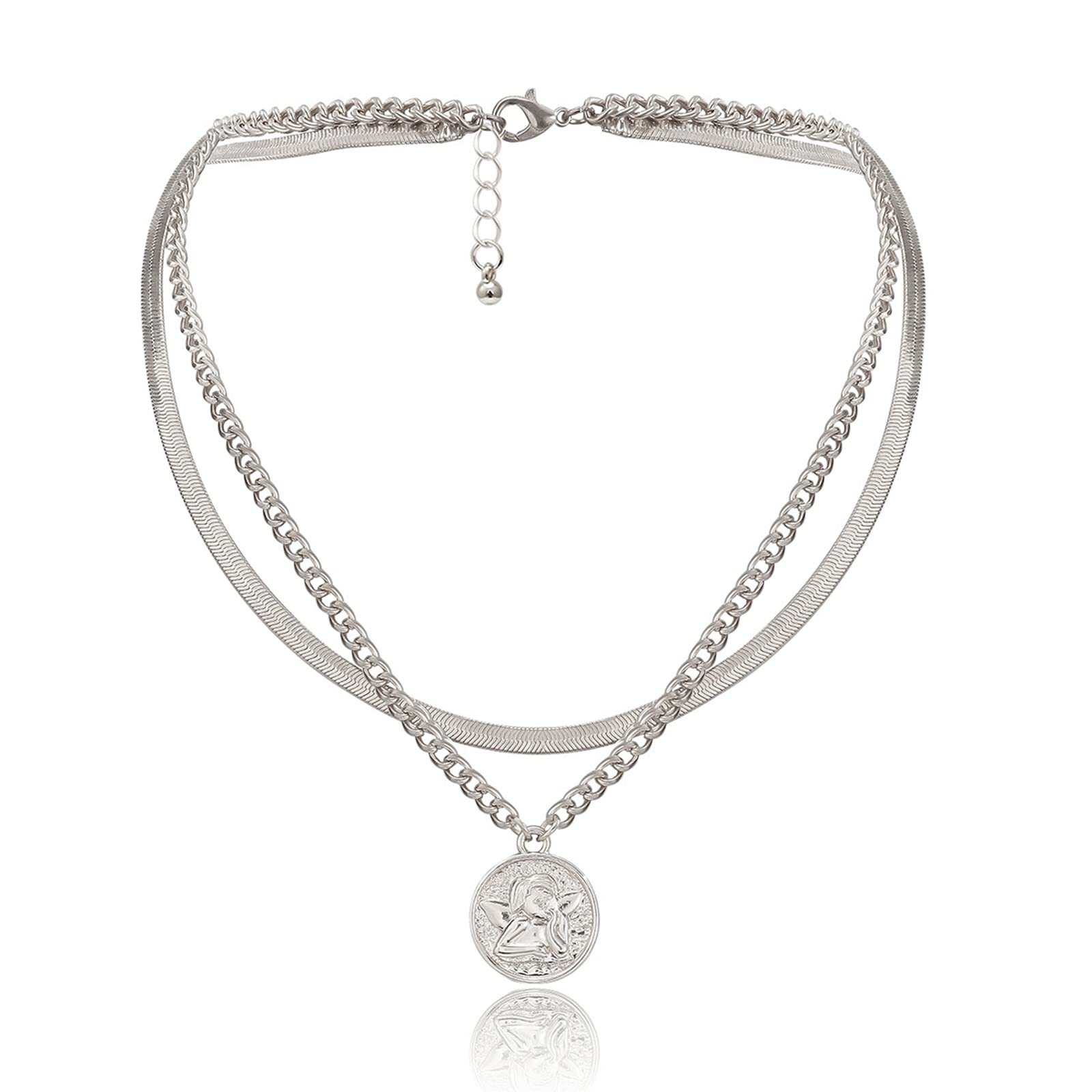 Layered Choker Necklace for Women - 2 Piece Dainty Snake Chain with Angel Relief Pendant, Elegant Silver Jewelry Set | Perfect Birthday Gift for Her, Valentine's Day Present & Everyday Fashion Accessory