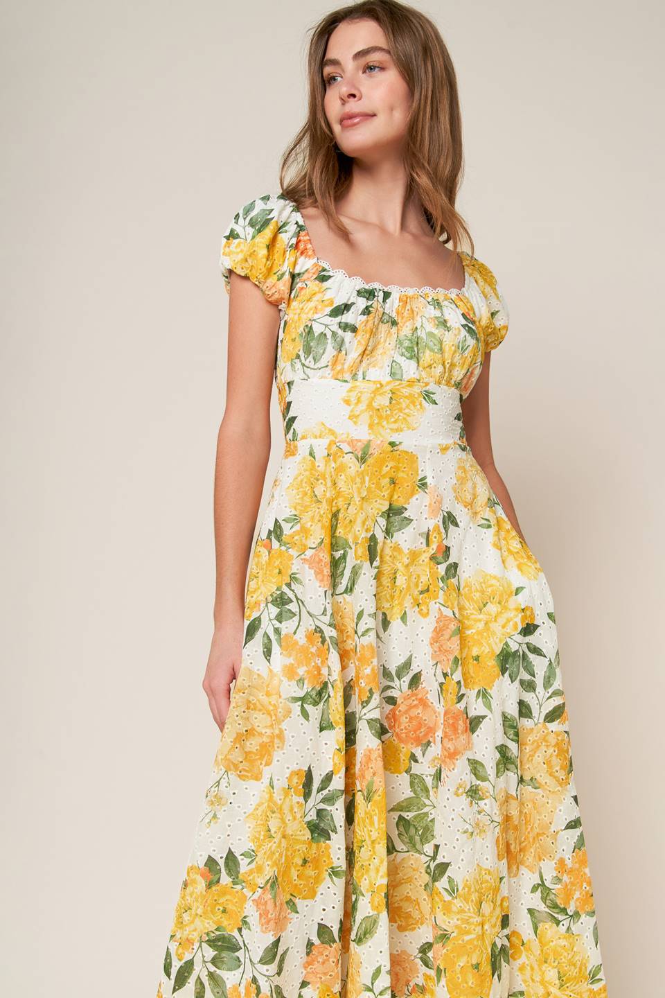 Garden of Dreams Yellow Eyelet Midi Dress - Perfect for Summer Weddings, Beach Vacations & Casual Outings