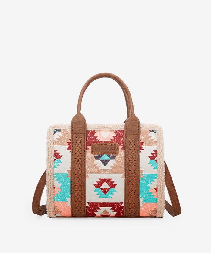 Wrangler Aztec Sherpa Trim Crossbody Purse Set for Women - Stylish Boho Shoulder Bag with Fringe Detail - Perfect for Casual Outings, Music Festivals & Travel Accessories