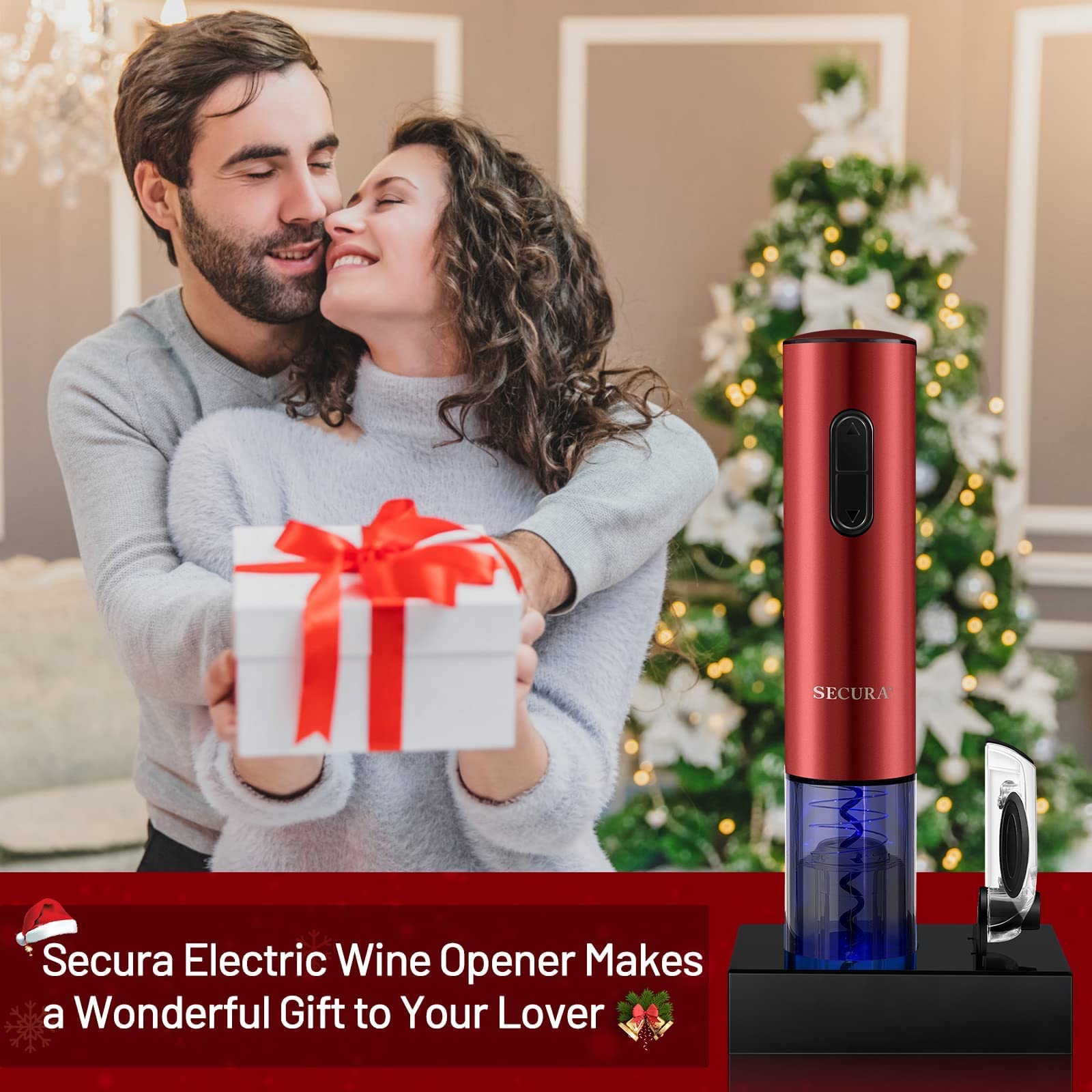 Secura Rechargeable Automatic Electric Wine Bottle Opener with Foil Cutter - Cordless Corkscrew for Red Wine, White Wine & Champagne - Perfect for Home, Parties & Gifts (Red)
