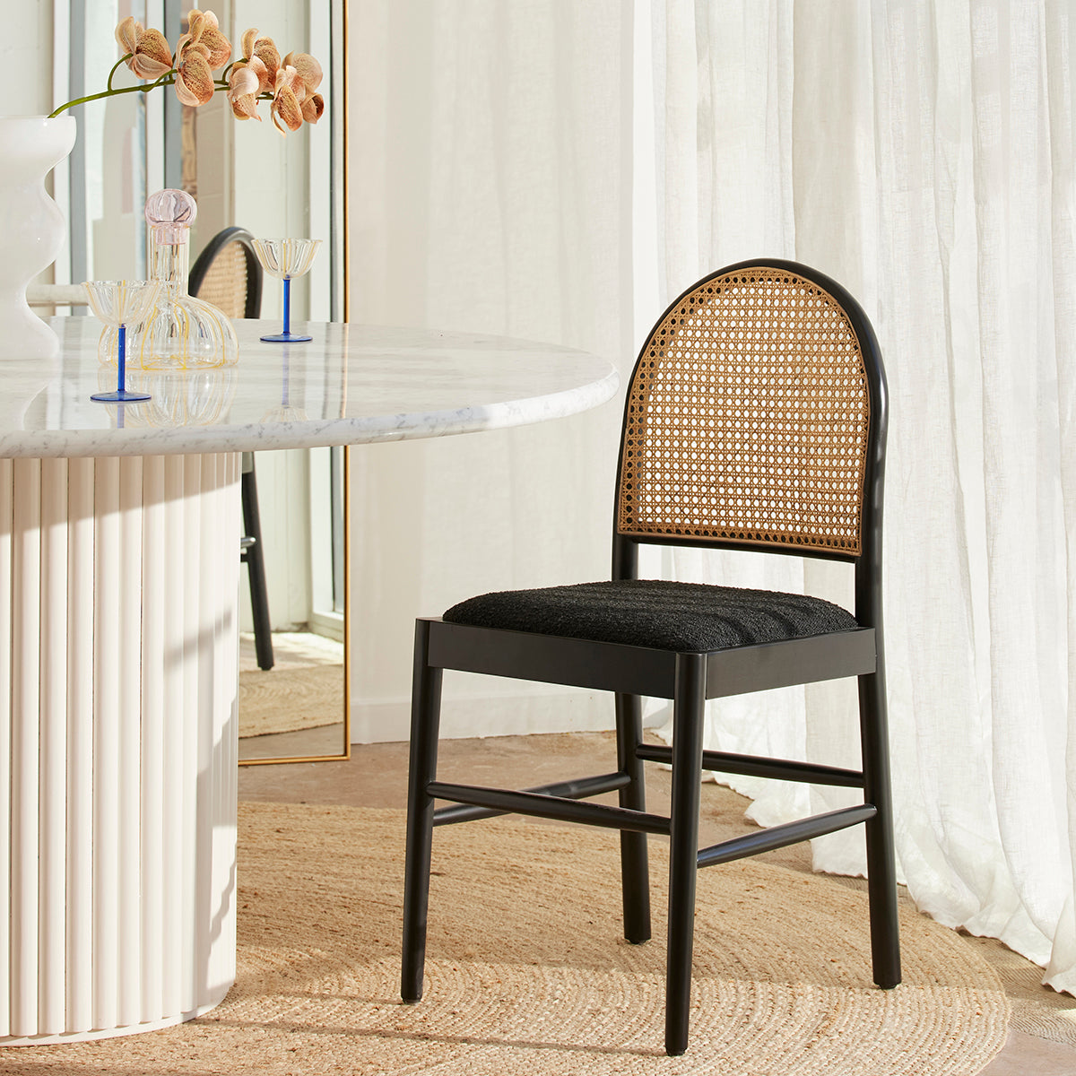 Capri Rattan Boucle Arch Dining Chair - Modern Woven Rattan Accent Chair for Kitchen, Dining Room, or Patio - Comfortable & Stylish Seating for Indoor and Outdoor Use