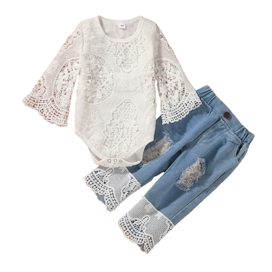 Newborn Baby Girls 2-Piece Outfit Set - Lace Long Sleeve Romper & Ripped Denim Jeans | Cute Infant Clothing for Photoshoots, Parties & Daily Wear