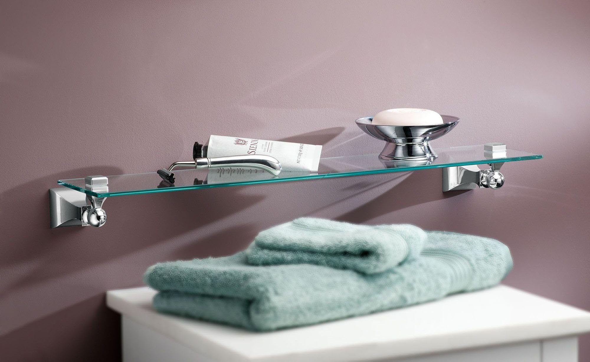 Moen DN8390CH Chrome Glass Bathroom Vanity Shelf - Modern Storage for Towels, Soap, and Toiletries | Perfect for Small Bathrooms and Powder Rooms
