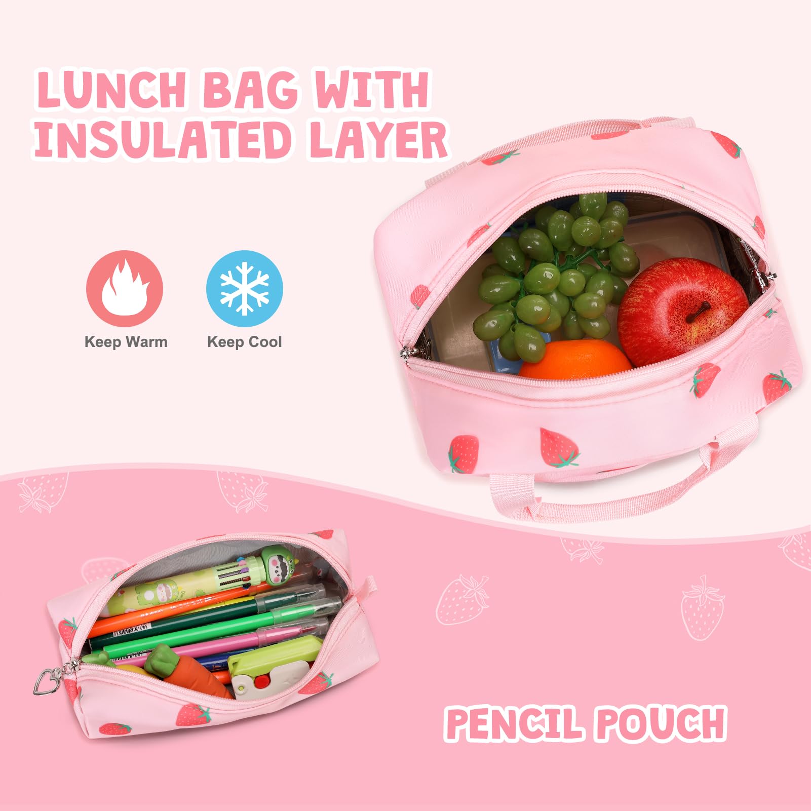 Stylish Pink Strawberry Backpack for Girls - School Bookbag with Lunch Bag & Pencil Pouch, Durable Laptop Backpack for Teen Girls, Women & Kids - Perfect for Elementary, Middle, High School & Travel Daypack
