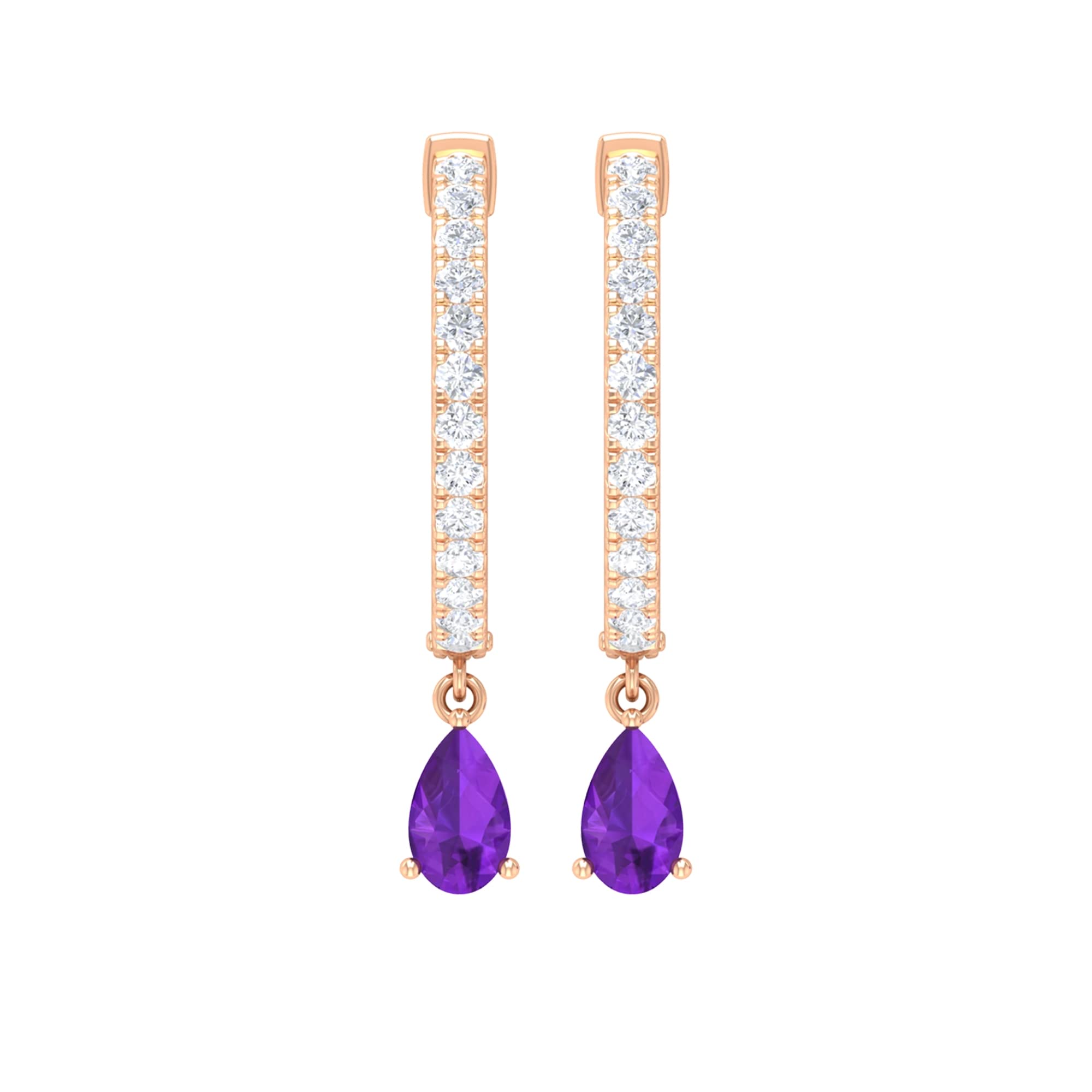 0.75 CT Amethyst and Diamond Teardrop Earrings - 14K Solid Gold February Birthstone Drop Earrings for Women - Elegant Hoop Earrings for Parties, Weddings & Special Occasions