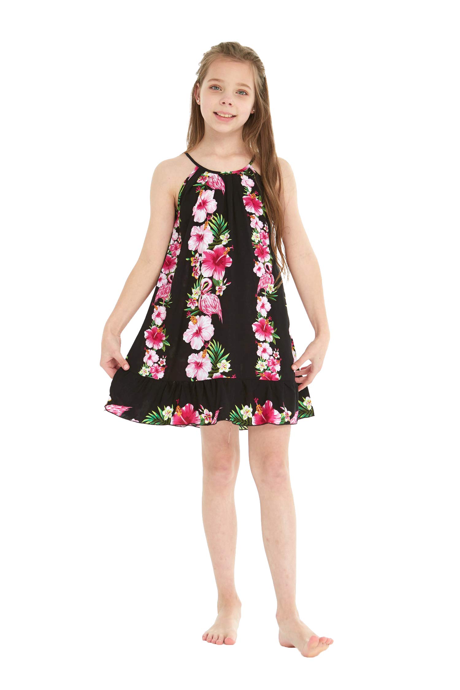 Hawaiian Luau Mother Daughter Matching Dresses - 3/4 Sleeve Ruffle Round Neck Floral Dress in Pink & Black Hibiscus Print | Perfect for Beach Vacations, Family Photos & Summer Parties