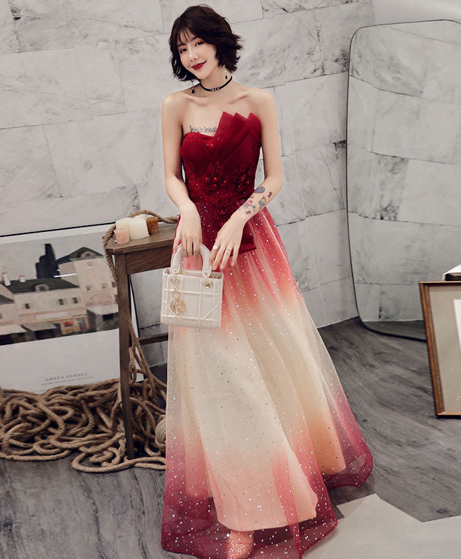 Elegant Burgundy Tulle Sequin Long Prom Dress for Women - Sparkly Evening Gown for Formal Events, Homecoming, Wedding Guest & Special Occasions