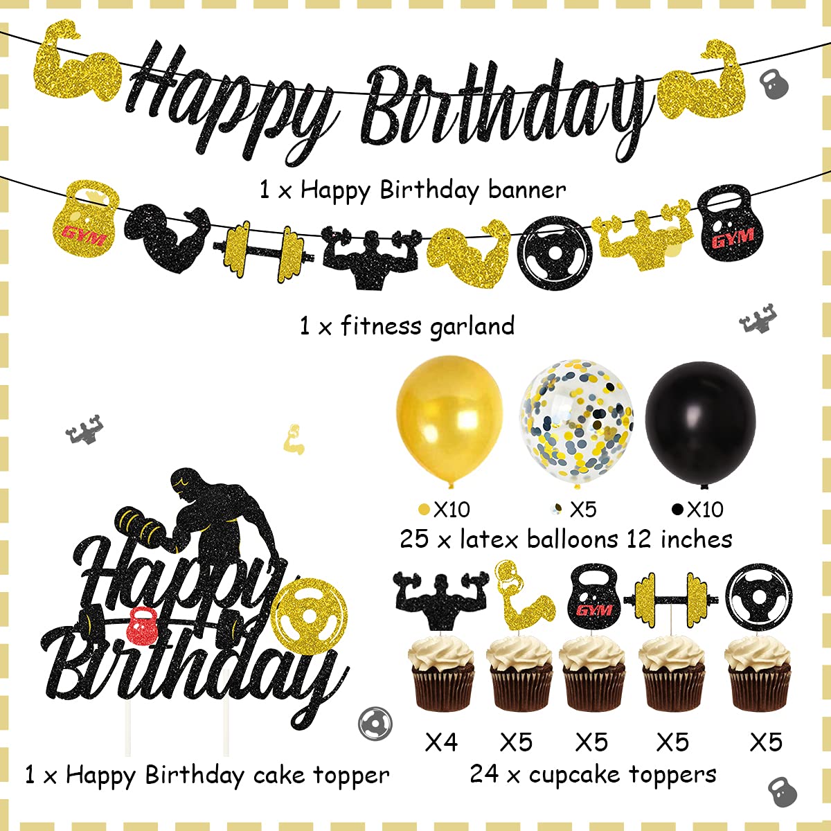 Black and Gold Gym Birthday Party Decorations - Weight Lifting Theme Party Supplies with Fitness Cake Topper & Glitter Banner | Perfect for Men's Fitness Themed Celebrations, Workout Parties & Gym Enthusiast Events