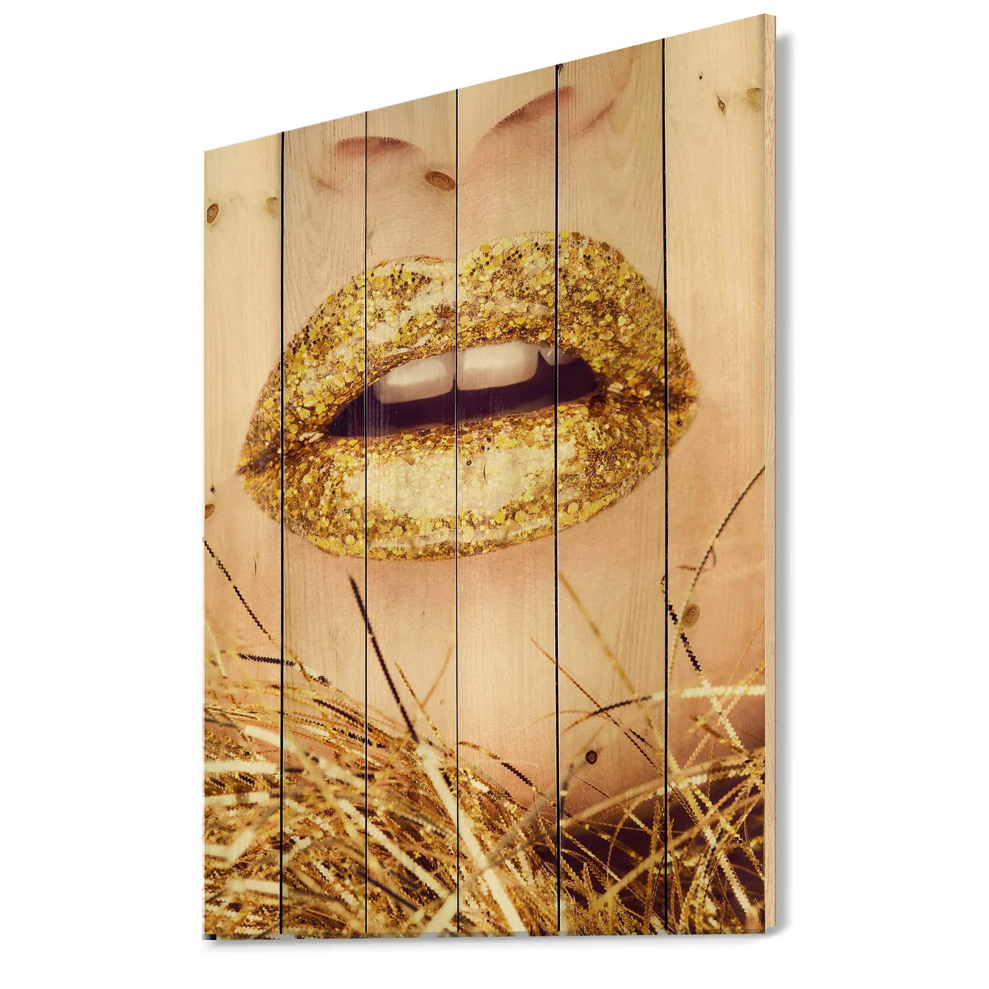 Golden Lips Wood Wall Art - Modern Pine Decor for Living Room