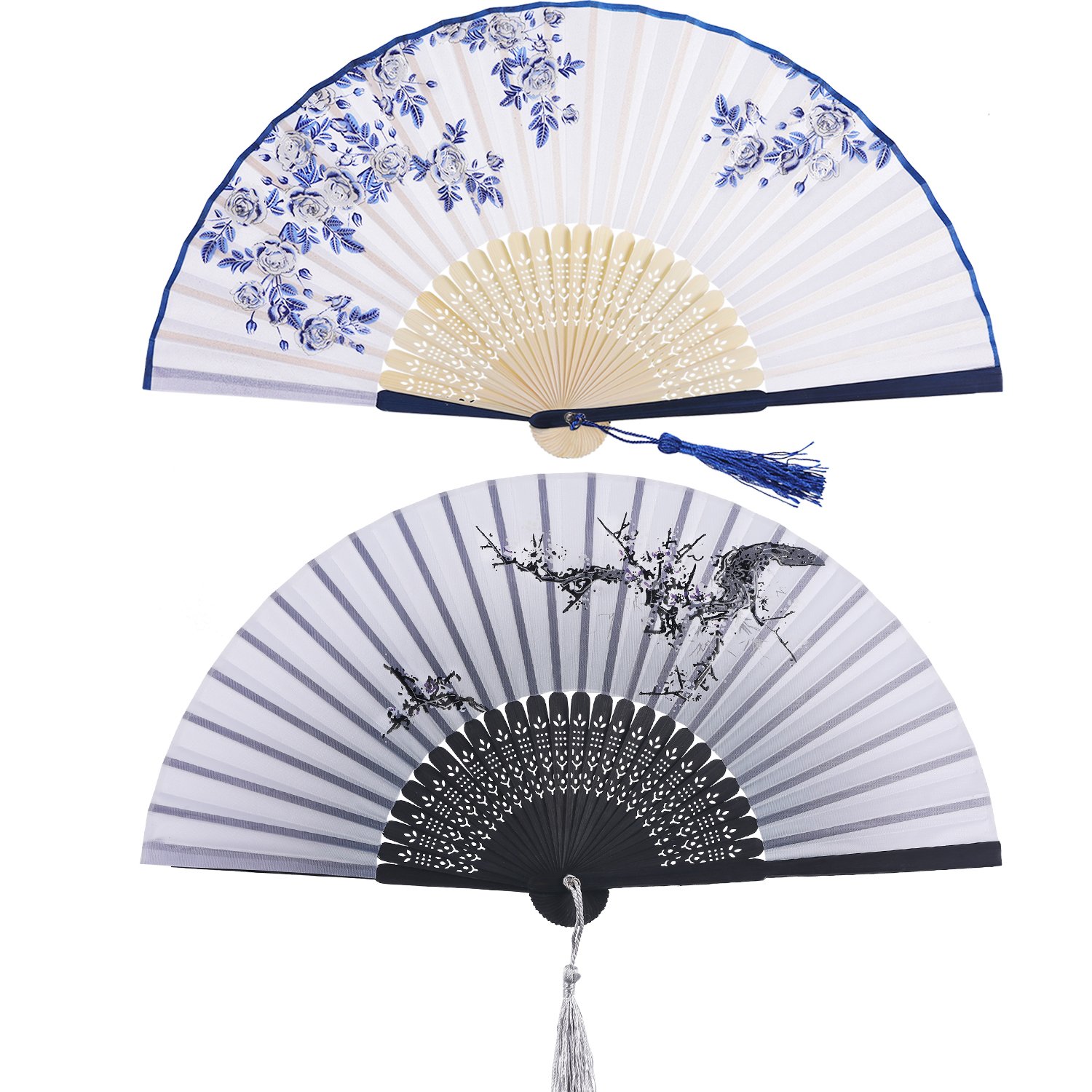 2 Pack Folding Handheld Bamboo Fans with Tassel - Vintage Chinese Style Women's Hand Fans for Wedding, Home Decor, Photo Props & Gifts (Rose, Cherry Blossom) - Perfect for Summer Cooling, Asian Themed Parties & Wall Decoration