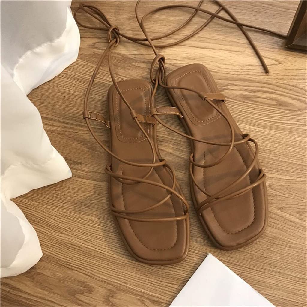 Women's Summer Flat Sandals - Sexy Cross Lace Up Open Toe Roman Beach Shoes in Brown (Size 39) | Perfect for Beach Vacations, Casual Outings & Summer Fashion