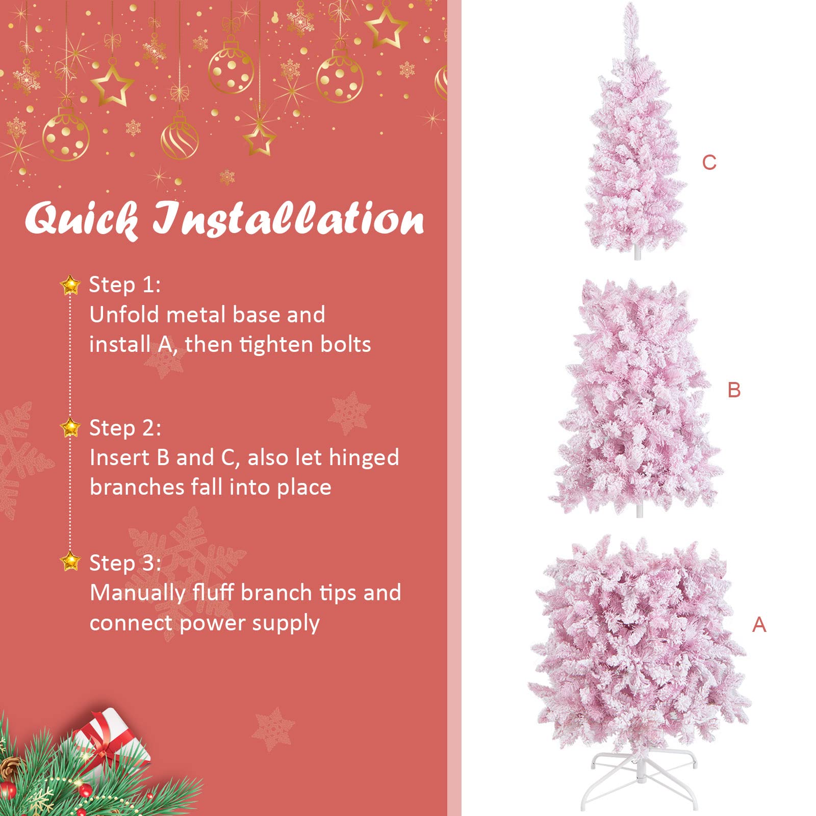 HAPPYGRILL 7FT Pre-Lit Pink Pencil Christmas Tree with Snow Flocked Artificial Slim Design - 800 Branch Tips & 300 LED Lights (8 Lighting Modes) - Perfect for Home, Office, and Holiday Decorations