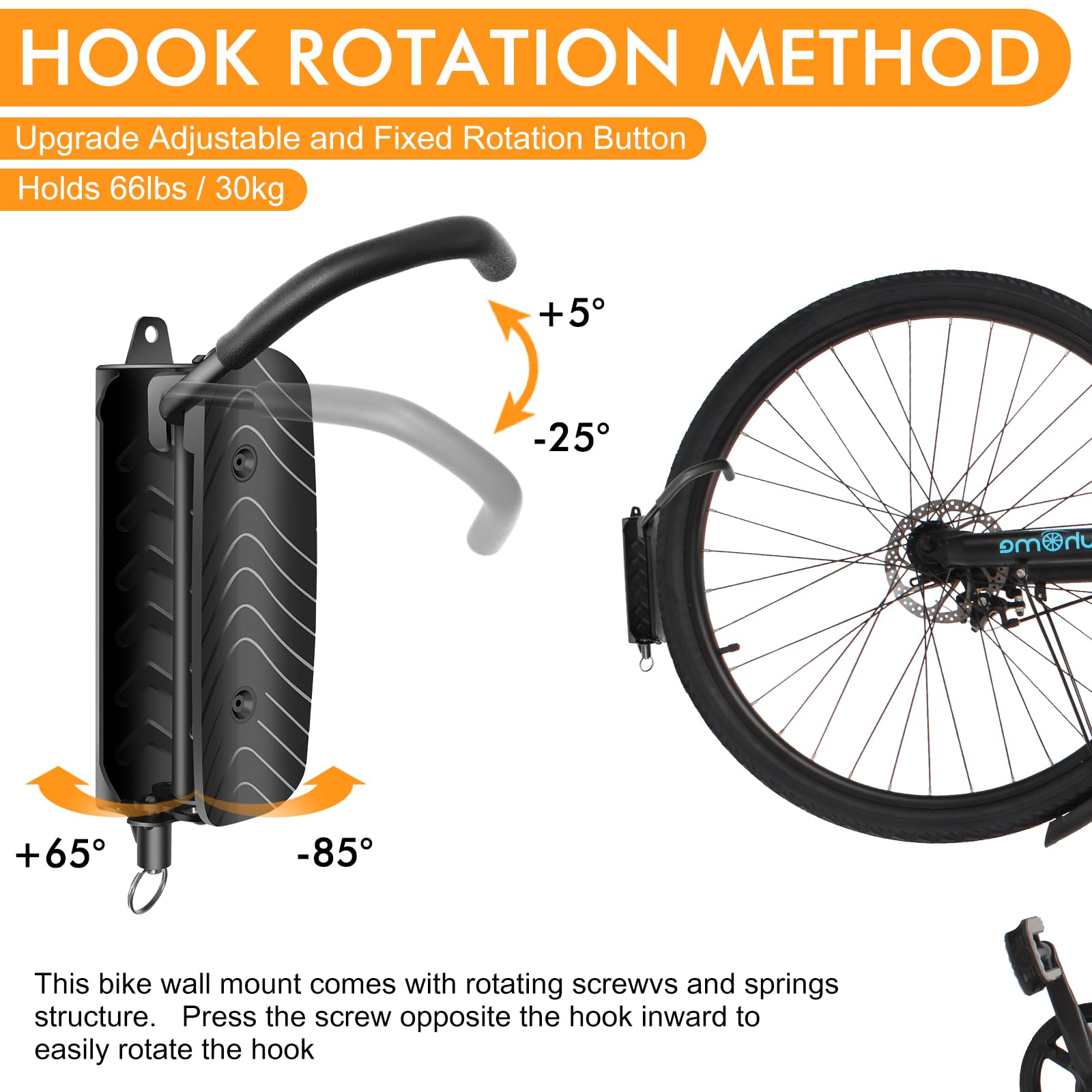 Heavy Duty Swivel Bike Wall Mount Rack - Space Saving Garage Bike Hooks & Hanger for Mountain/Commuter Bikes - Holds Up to 66lbs (2 Pack) - Perfect for Small Spaces & Apartment Storage