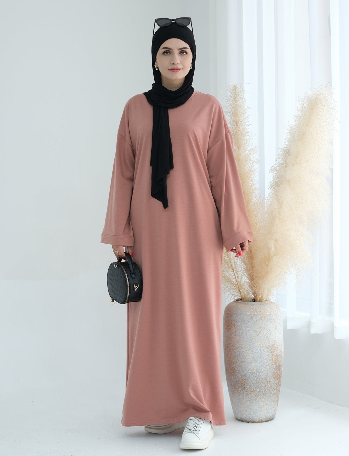 Ava Knit Maxi Dress for Women - Flowy Long Sleeve Elegant Midi Dress in Salmon Pink | Perfect for Weddings, Parties & Casual Outings
