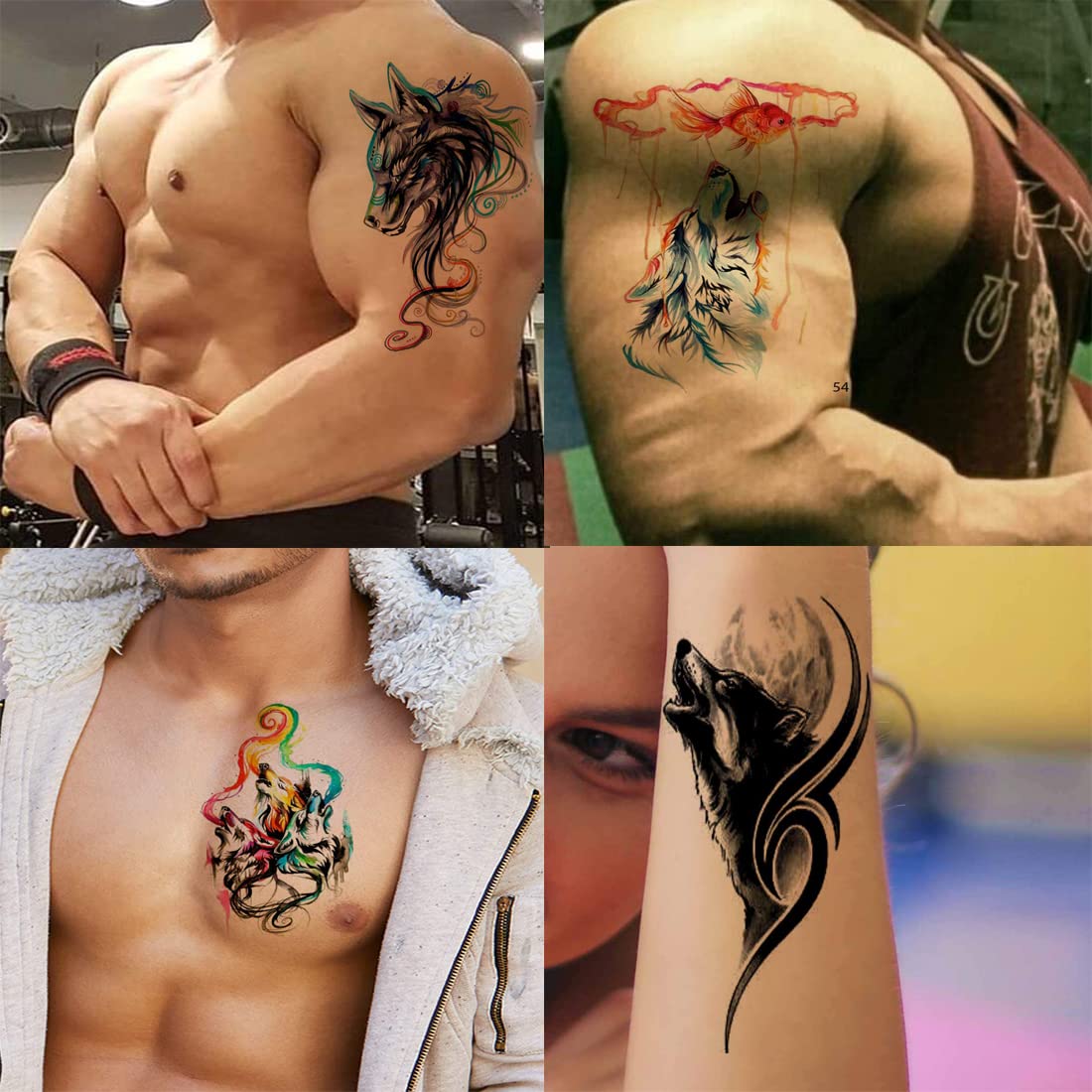 Wild Wolf Tribal Temporary Tattoos for Men & Women - Pack of 4 Waterproof Fake Tattoo Stickers (2x4 Inch) - Perfect for Parties, Halloween, Cosplay & Body Art