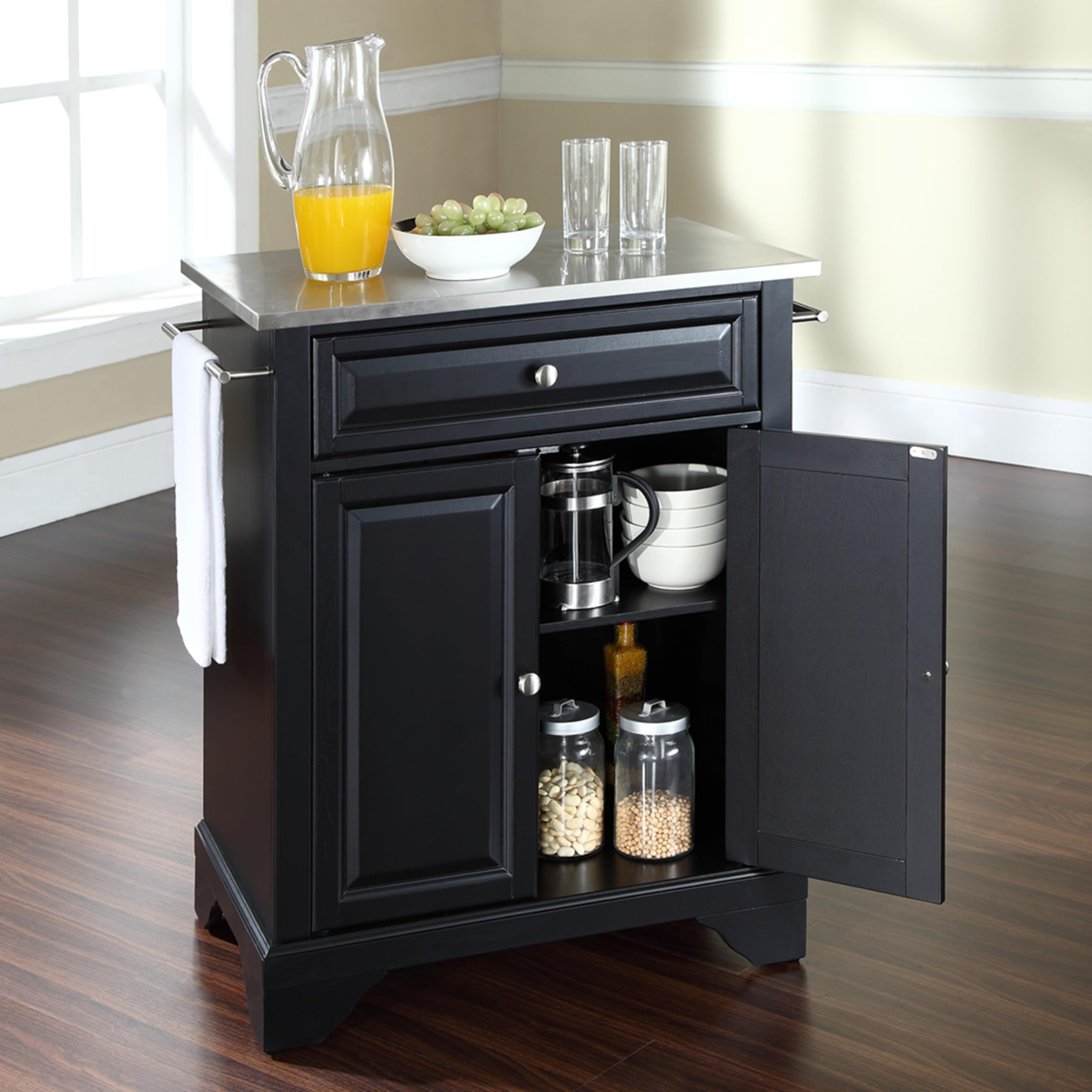 Crosley Lafayette Stainless Steel Kitchen Island Cart with Wheels - Small Rolling Microwave Stand, Storage Cabinet for Small Spaces - Perfect for Apartments, Dorms & Compact Kitchens (Black)