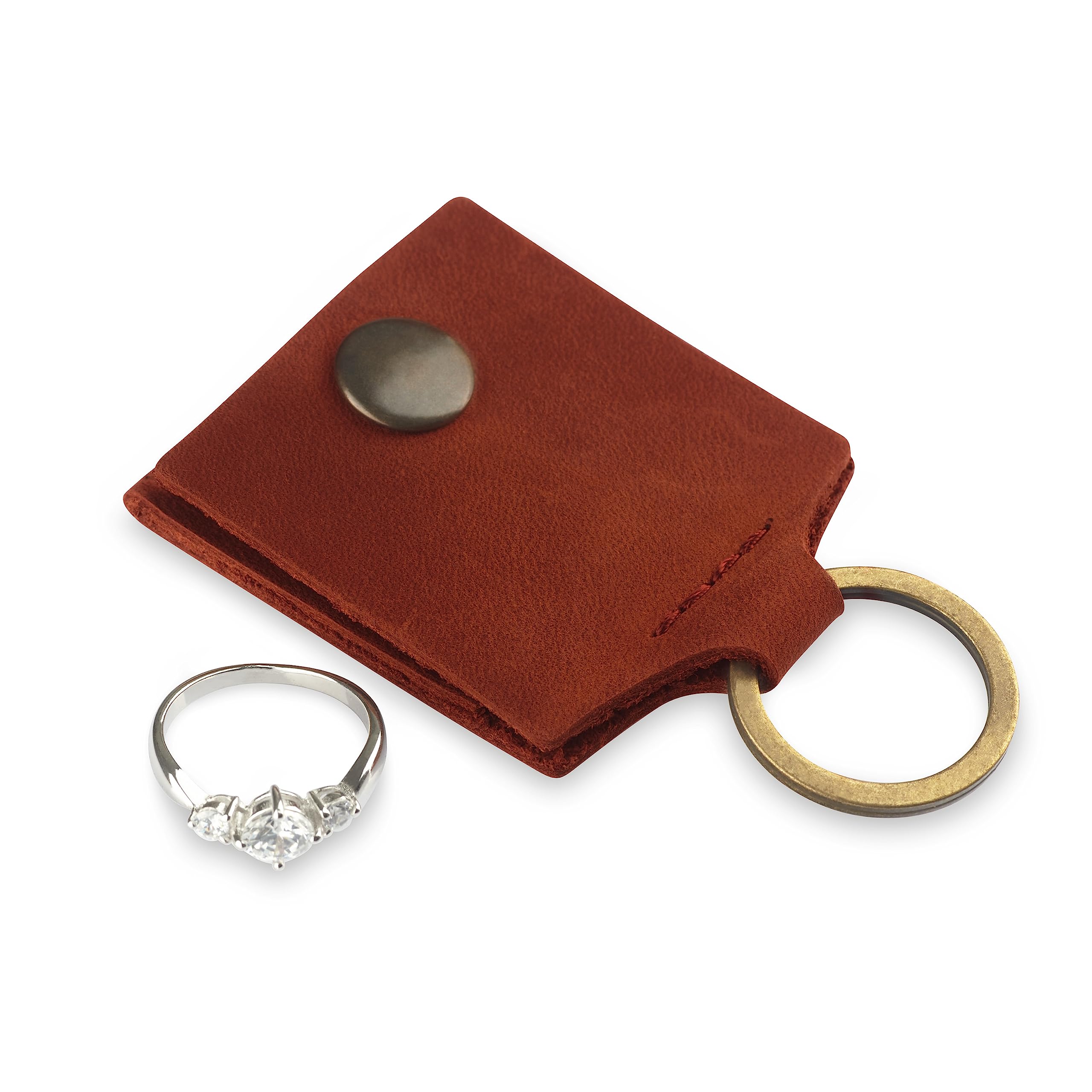 Genuine Leather Keychain Ring Holder - Wedding & Engagement Ring Travel Case, Gym & Workout Ring Pouch (Cognac) - Perfect for Travel, Sports & Everyday Jewelry Protection