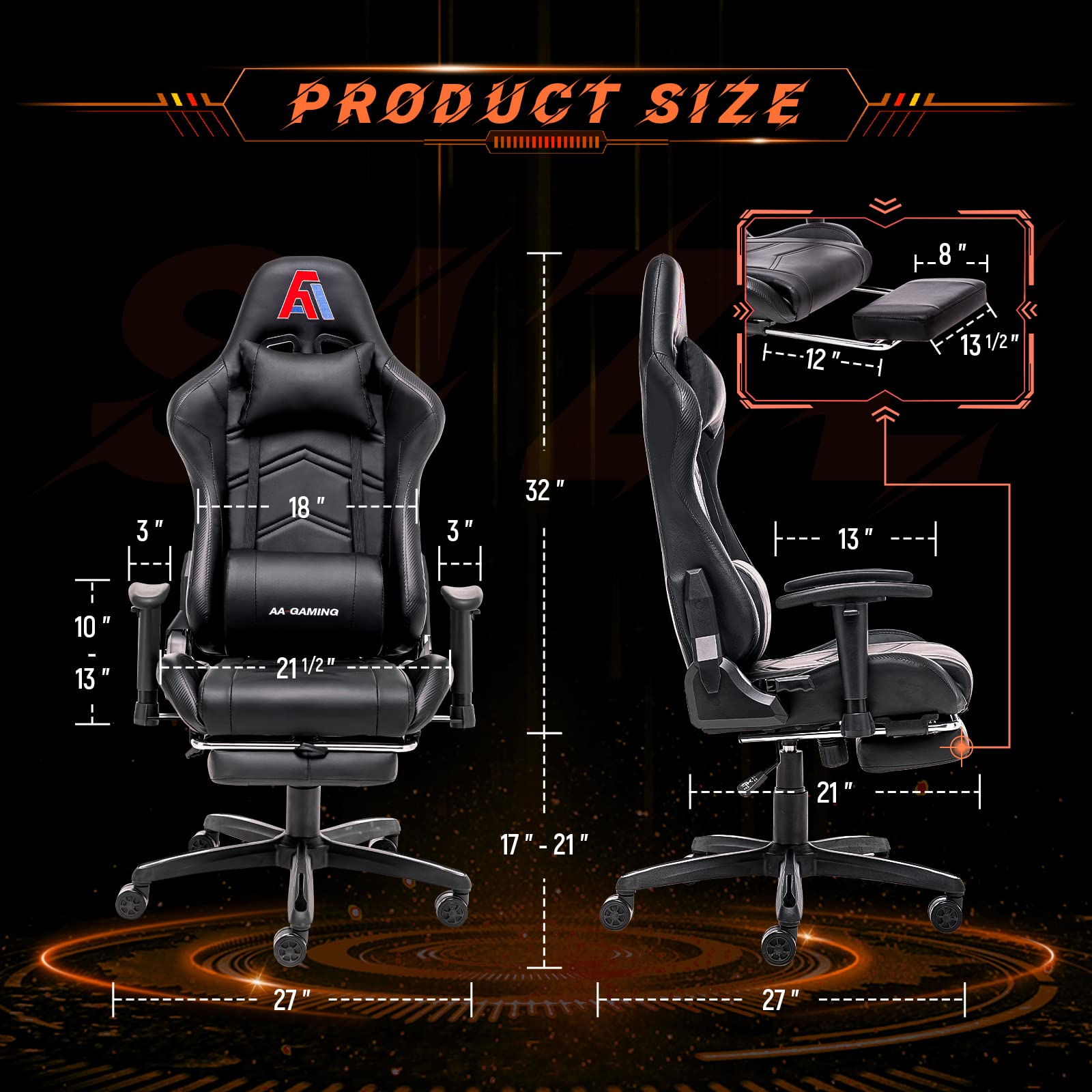 Ergonomic Gaming Chair with High Back, Lumbar Support & Footrest - Adjustable Racing Style Computer Chair for Office & Home Gaming Setup - Black - Perfect for PC Gamers, Streamers & Esports Enthusiasts