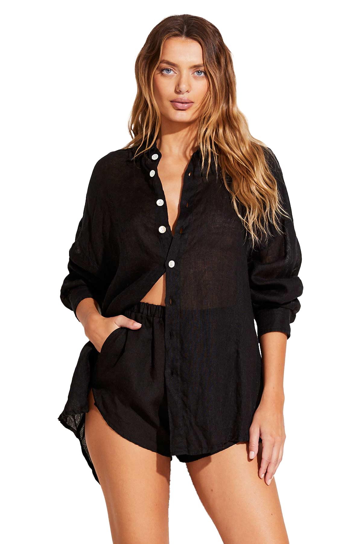 Women's Linen Swimwear Cover Up - Playa Boyfriend Shirt for Beach, Pool & Vacation | Lightweight Summer Beachwear with Pockets