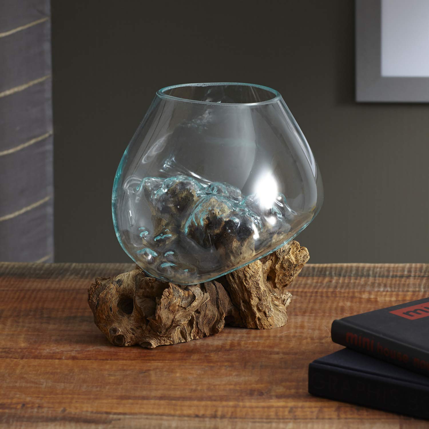 Natural Wood & Recycled Glass Molten Sculpture Terrarium Container - 8