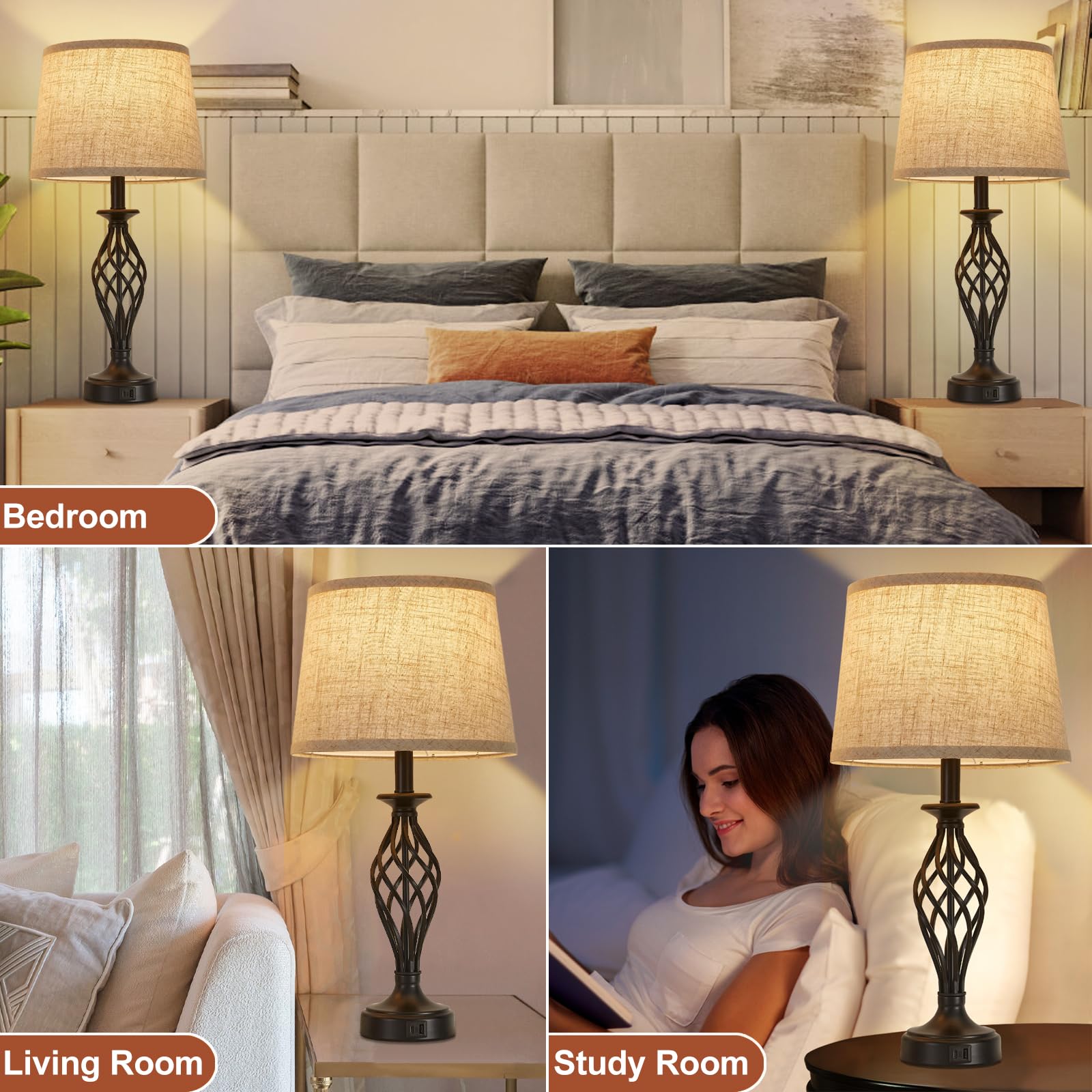 Modern Spiral Cage Table Lamp Set of 2 with USB C+A Ports - Bedside Nightstand Lamps with Fabric Shade & Included LED Bulbs for Bedroom, Living Room, Reading Nook - Black (Home Office Lighting, Guest Room Decor, Cozy Evening Ambience)