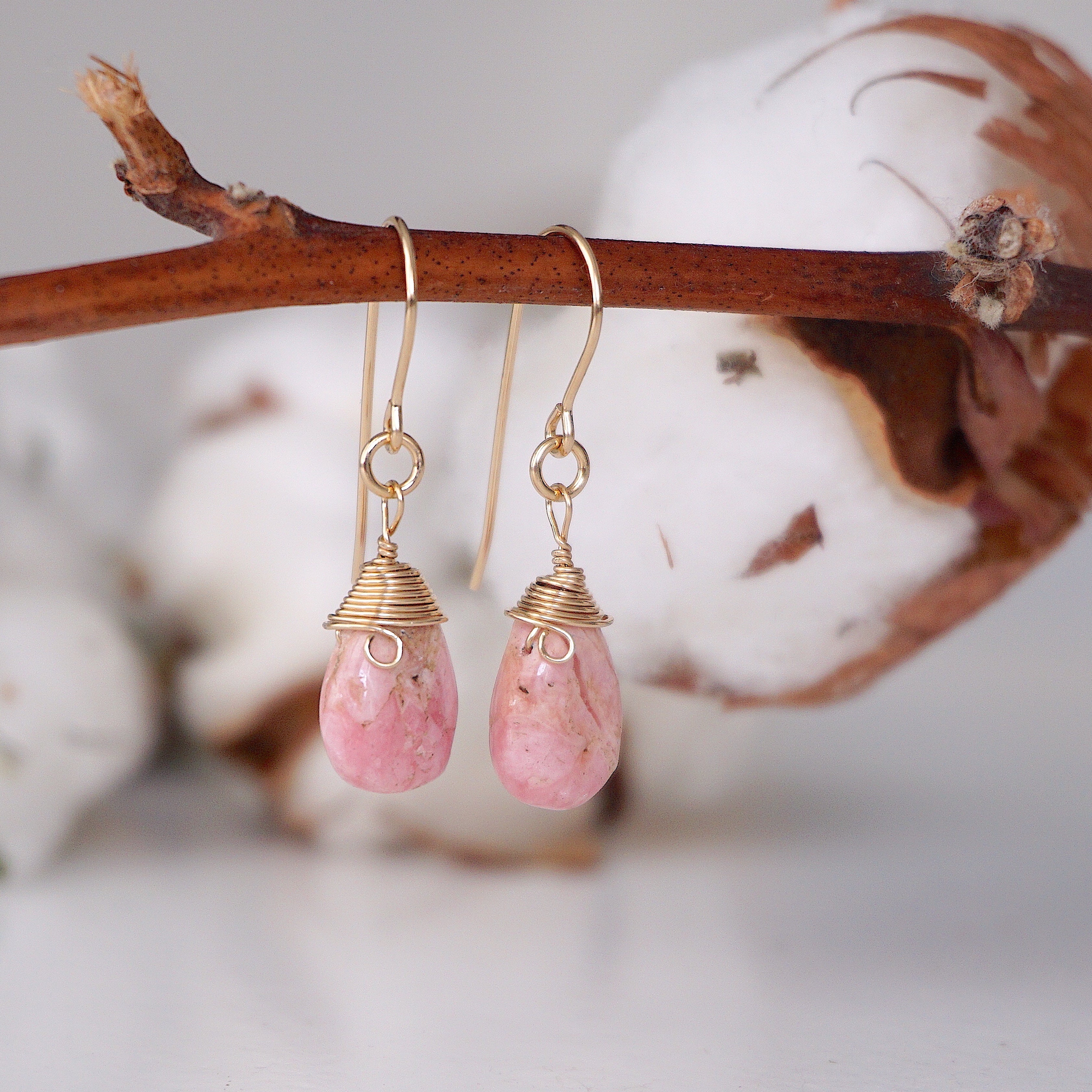 Rhodochrosite Teardrop Earrings - 14k Gold Filled Dangle Earrings for Women, Elegant Gemstone Jewelry Gift for Birthday, Anniversary & Special Occasions