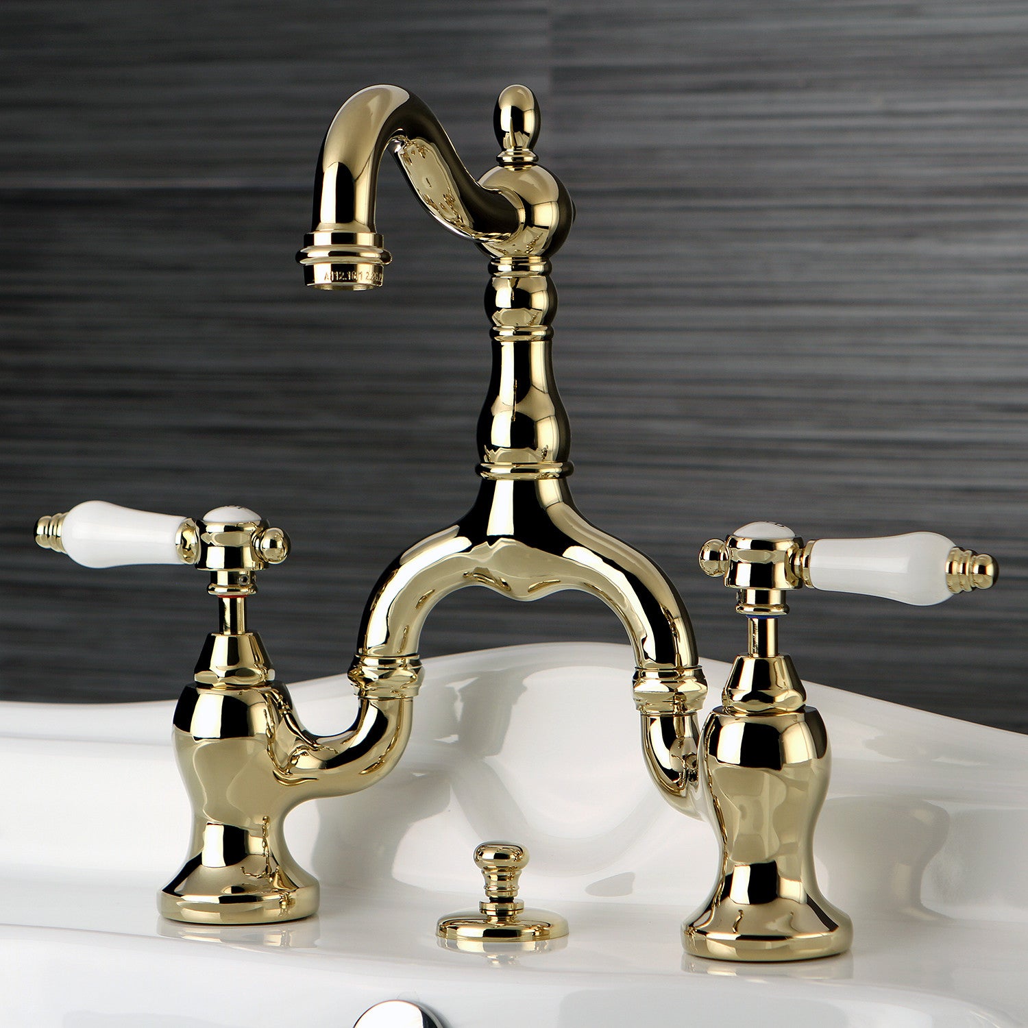 Bel Air KS7972BPL Two Handle 3 Hole Deck Mount Bridge Bathroom Faucet with Brass Pop Up, Polished Brass - Perfect for Modern Bathroom Vanities and Sink Upgrades
