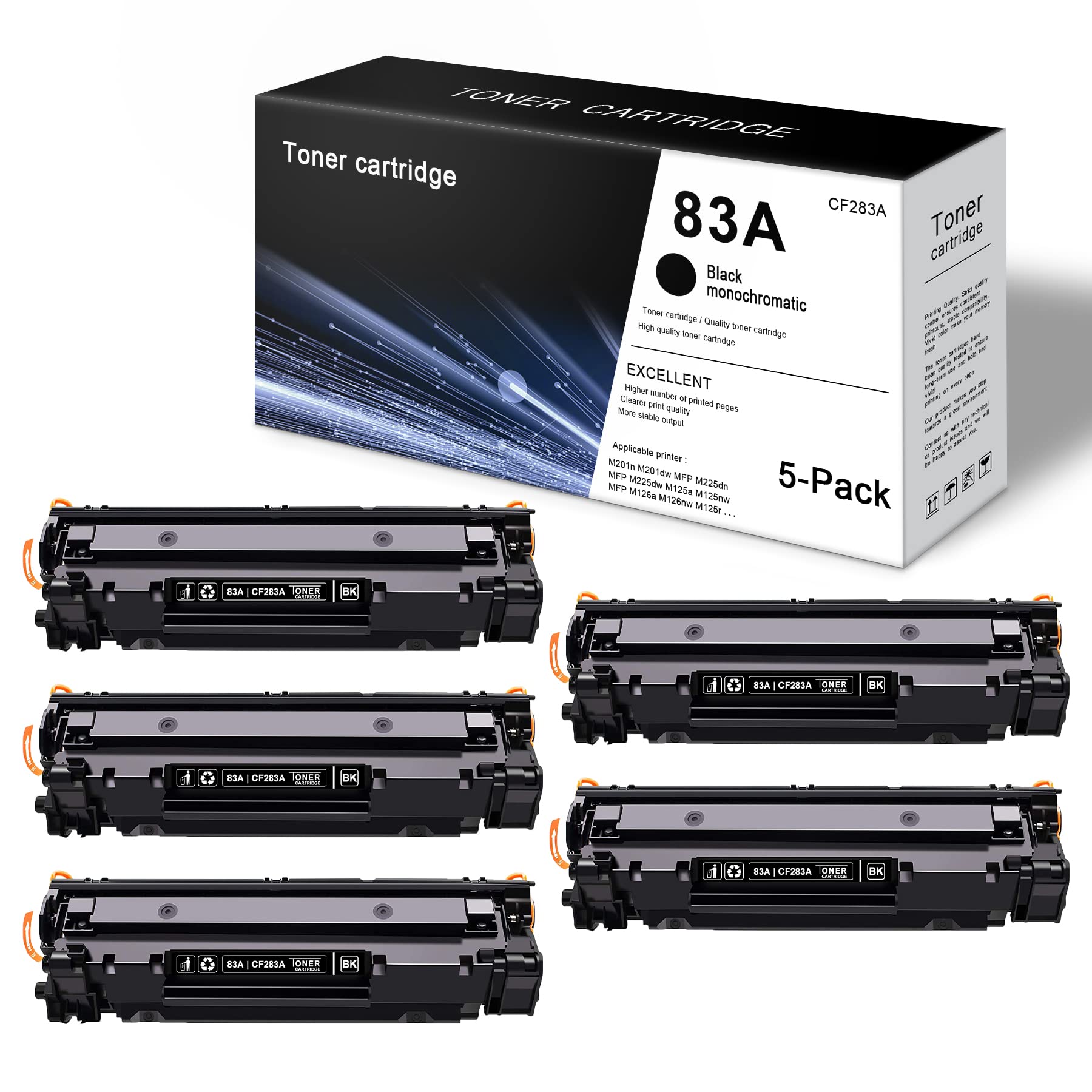 Compatible 83A CF283A (5 Pack Black) Ink Cartridge Replacement for HP MFP M125a M125nw M125r M125ra M127fw M127-M128 PCLmS M125-M126 PCLm M201n M201dw Printer - High-Quality Toner Cartridge for Home & Office Printing - Perfect for Documents, Reports, and School Projects - Sold by Indiuprint